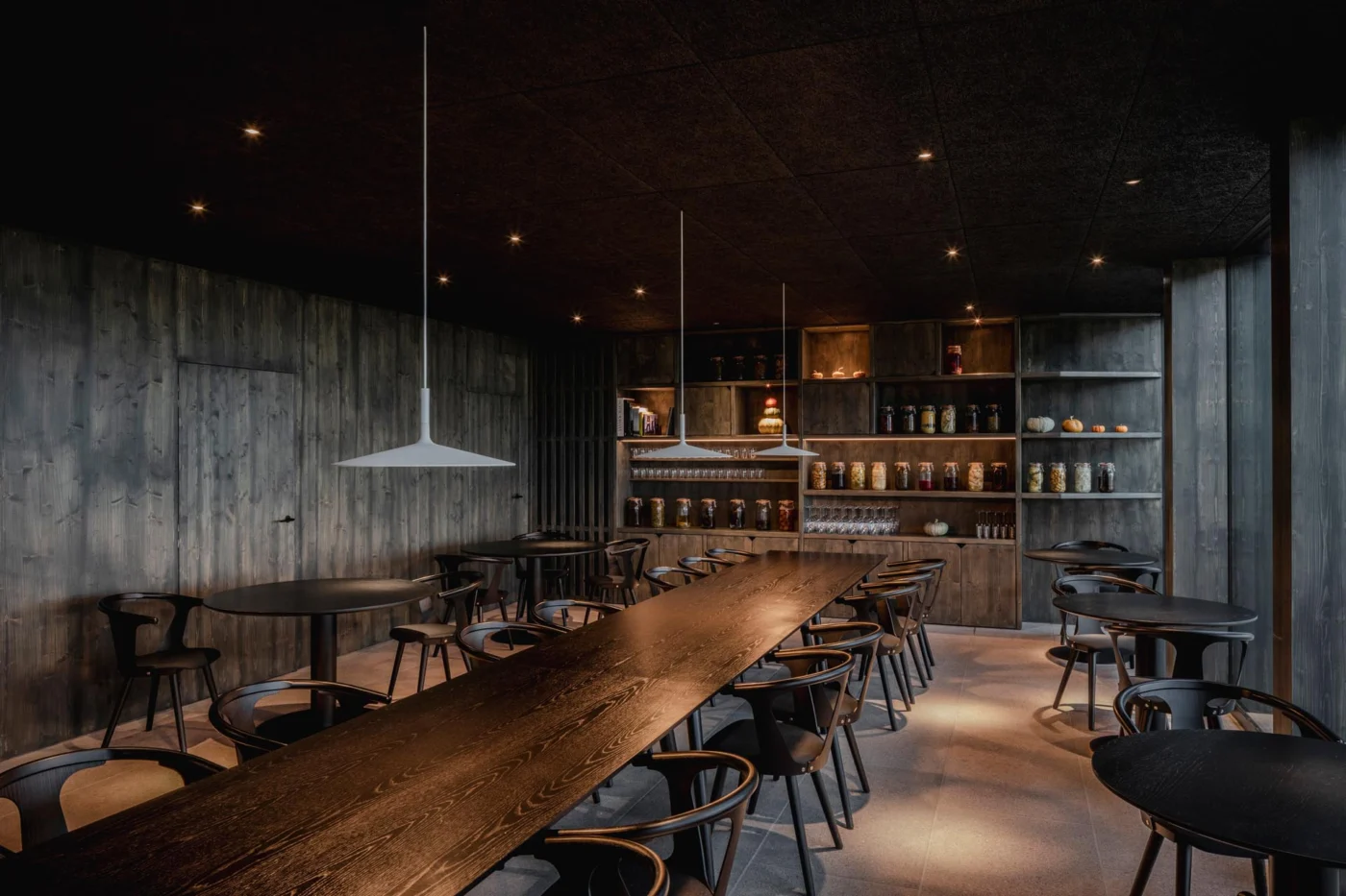 Hotel restaurant with a dark wood interior