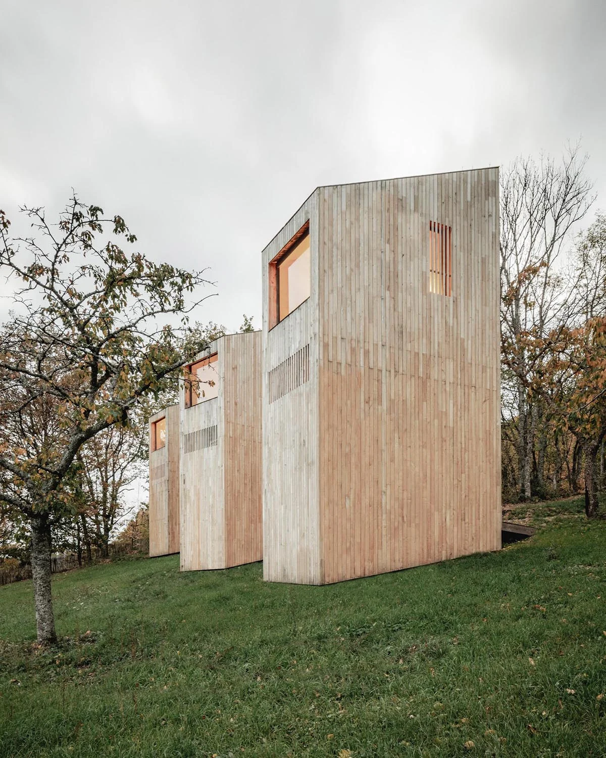Light wood cabins set on the slope near Alsace