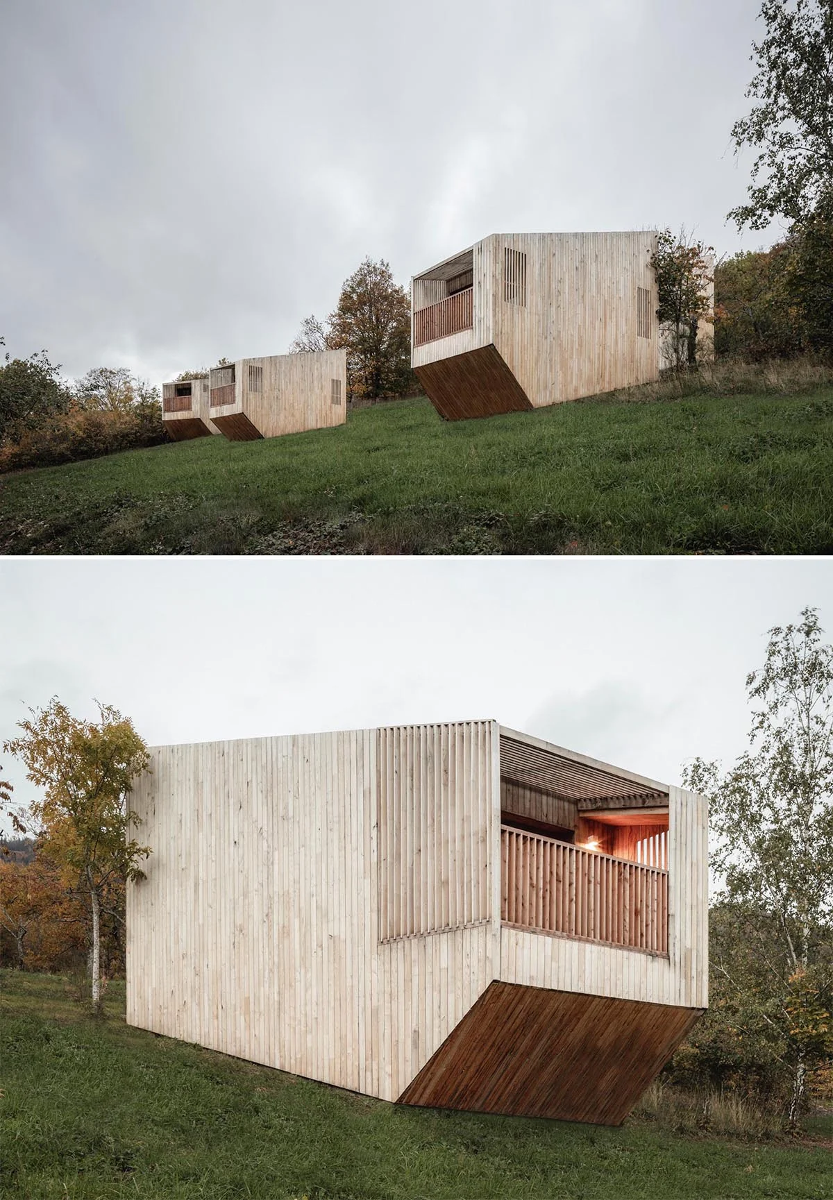 Small wooden cabins used as hotel rooms