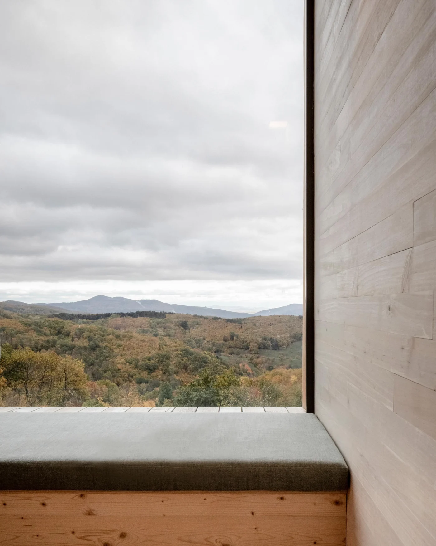 Light wood cabin interior with a built-in window bench