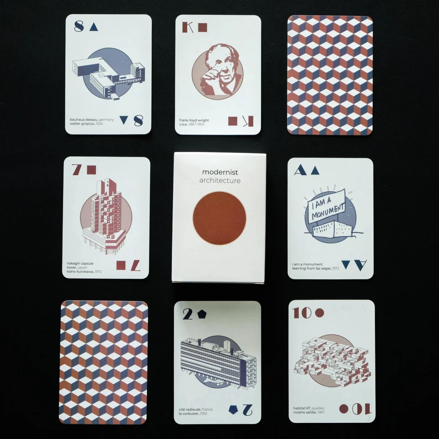 Playing cards illustrated with modernist architecture