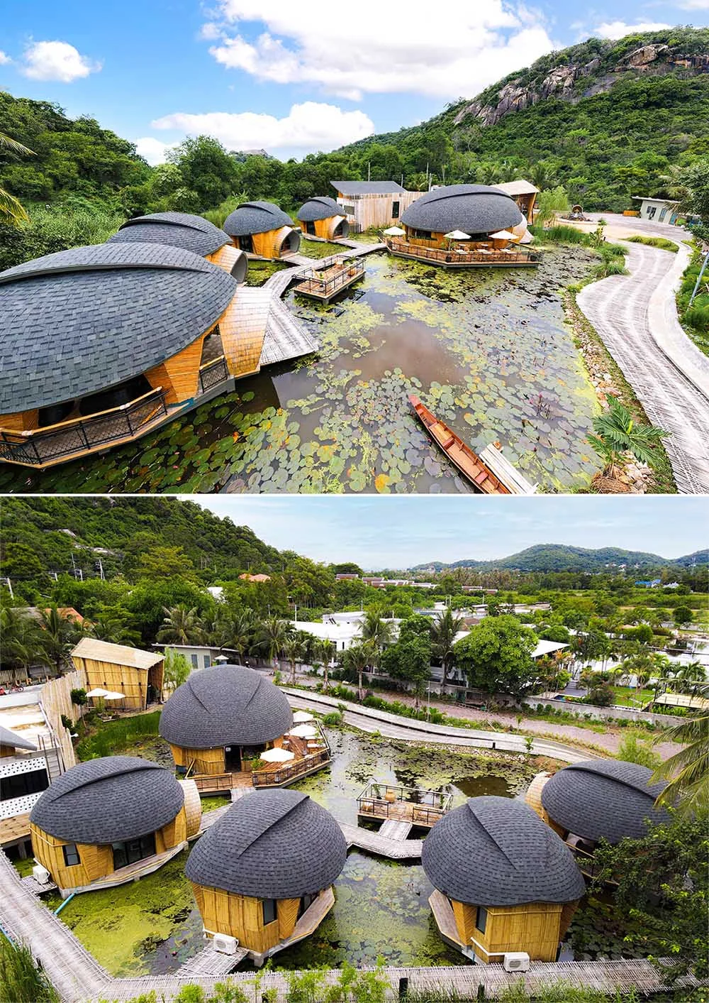 Shingle roofing forming a shell-like surface on a cabin at the Thai eco-lodge