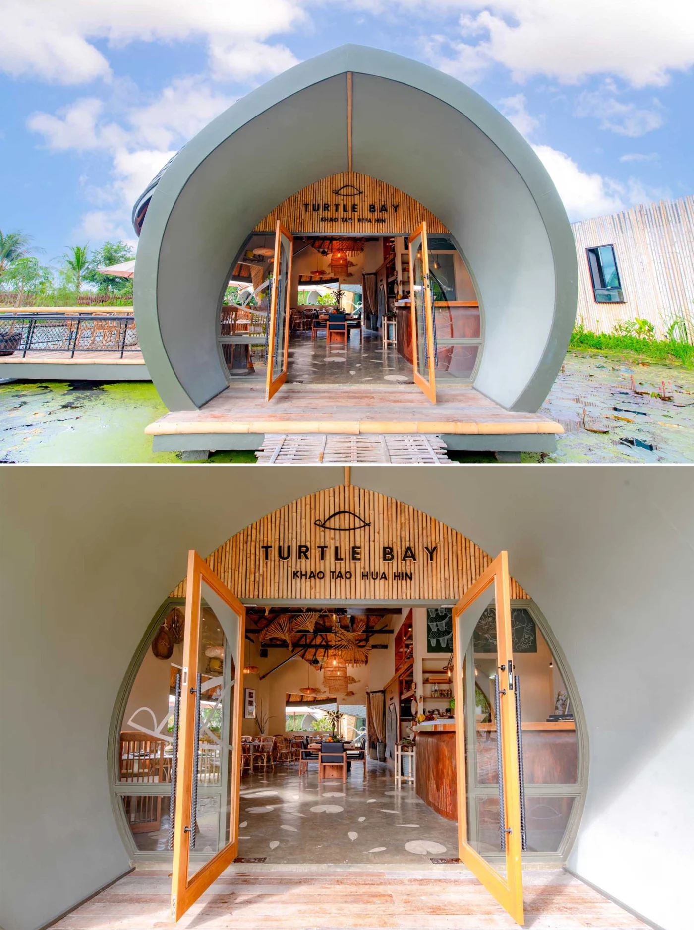 Restaurant interior with a high ceiling and windows on opposite sides for natural ventilation
