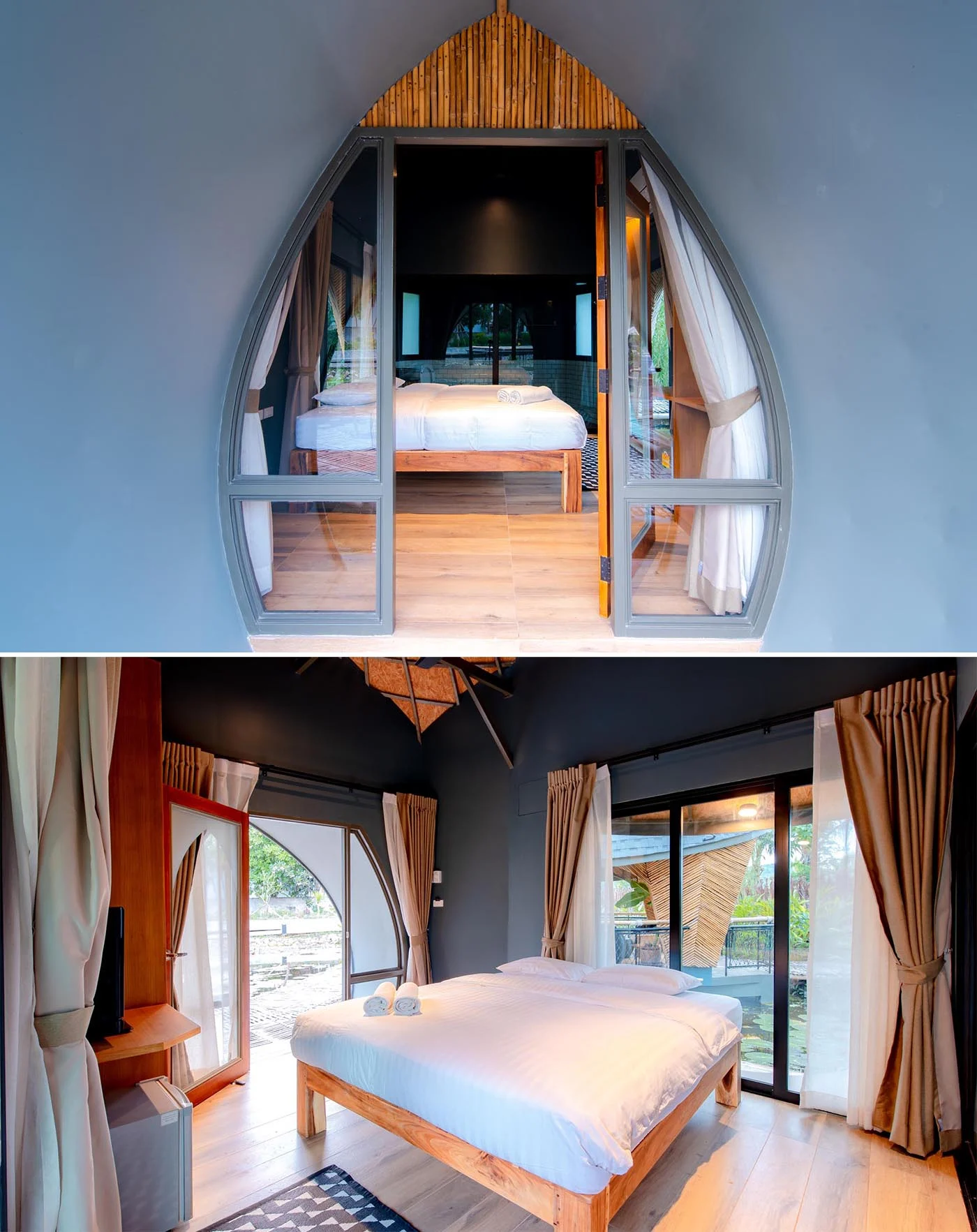 Simple modern guest room interior in a turtle-shaped cabin