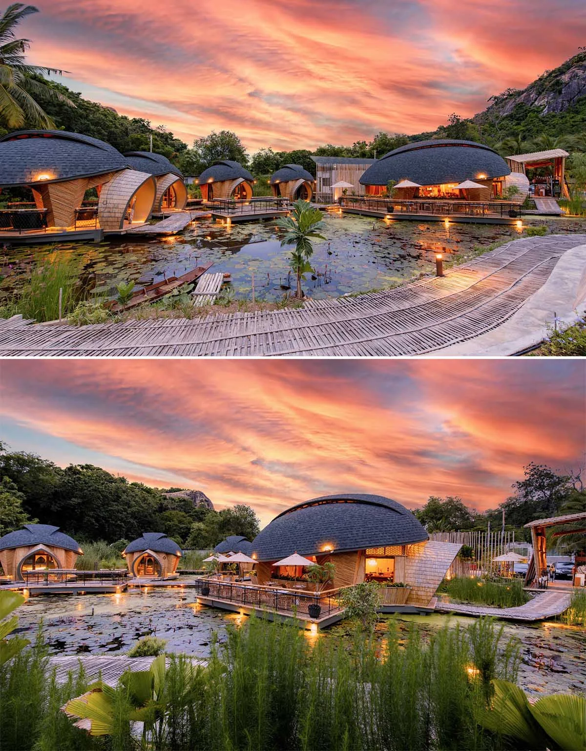 Lit pathways and lotus pond between the cabins at dusk