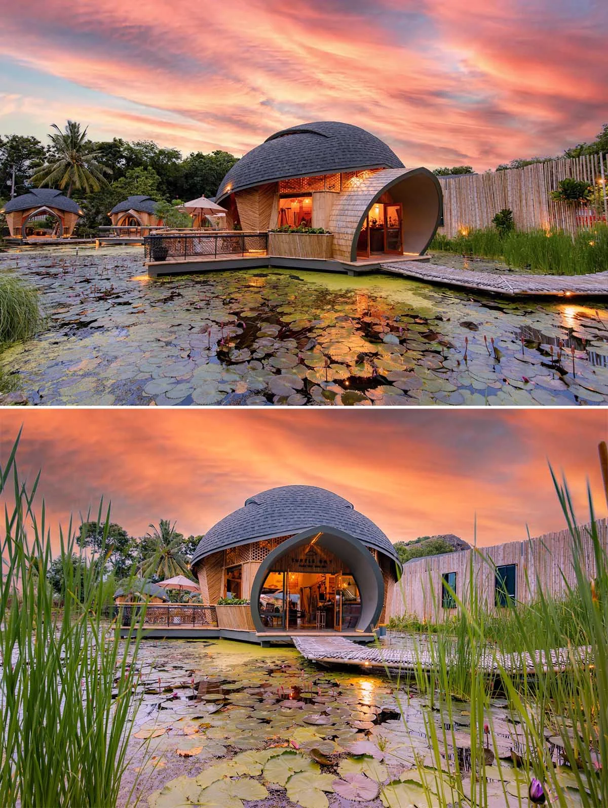 Turtle-shell cabins of the seaside eco-lodge in the evening