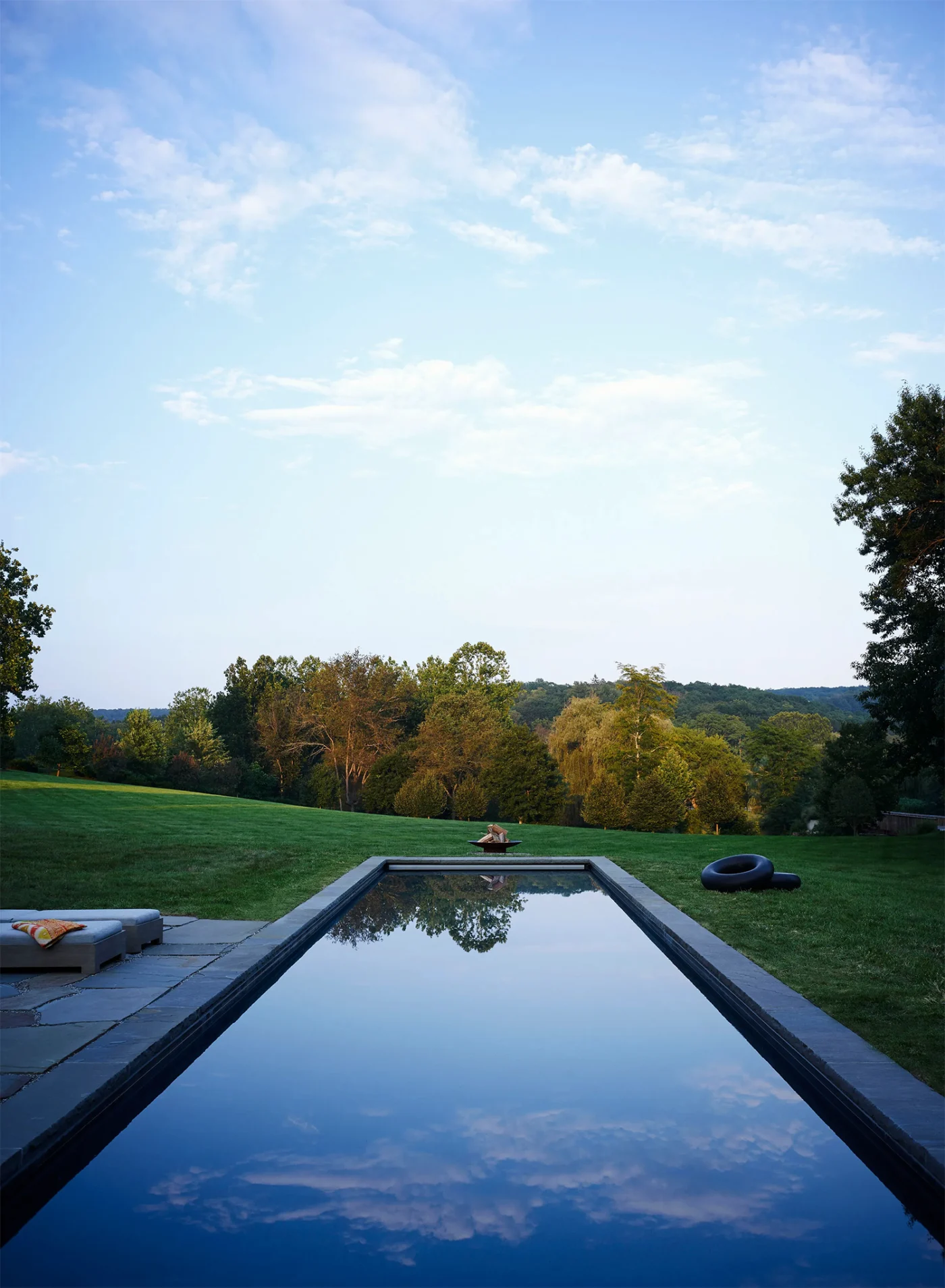 Long reflecting pool on the lawn overlooking the valley