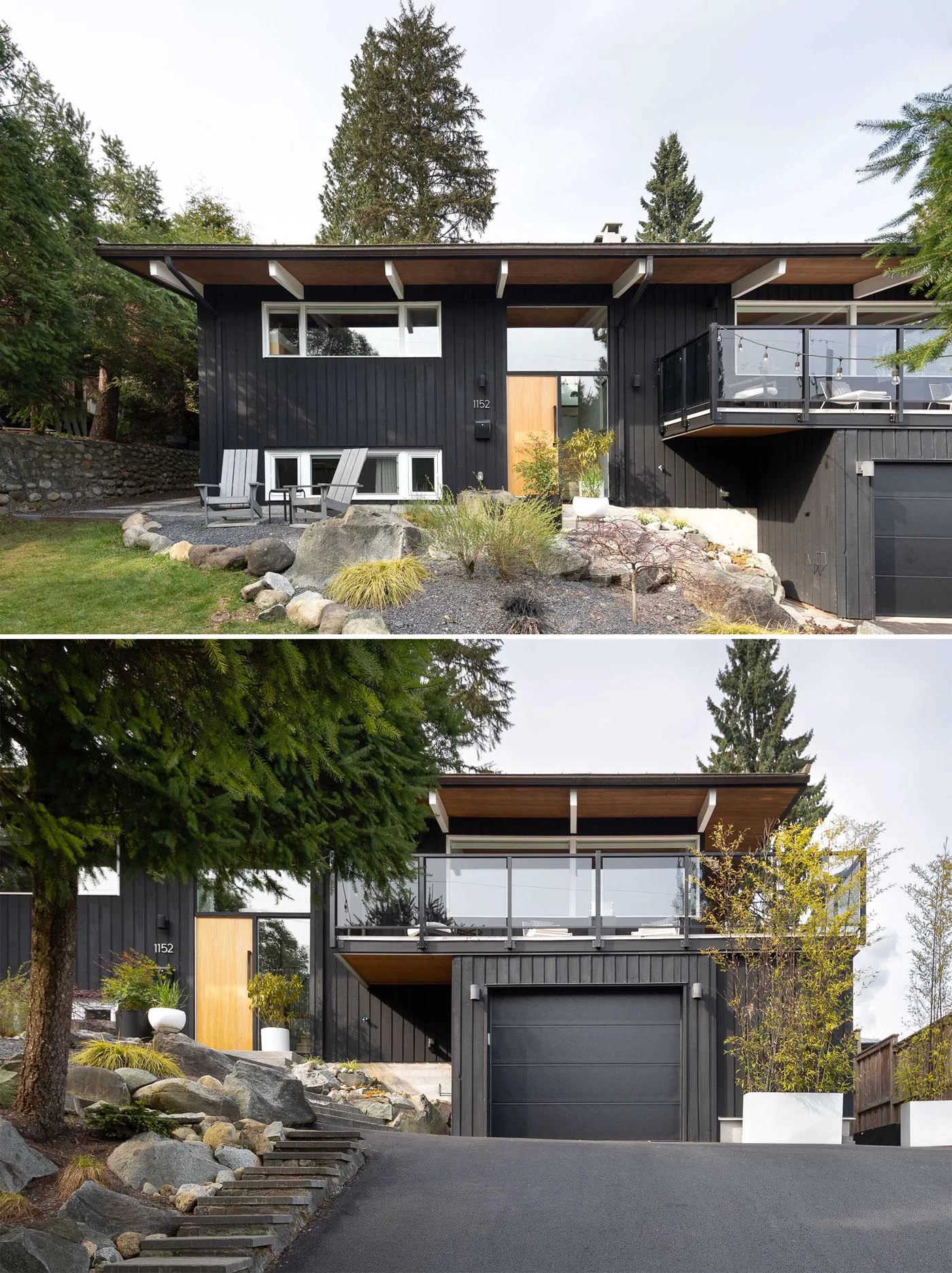 Remodeled facade painted black with glass deck railings and a rock garden