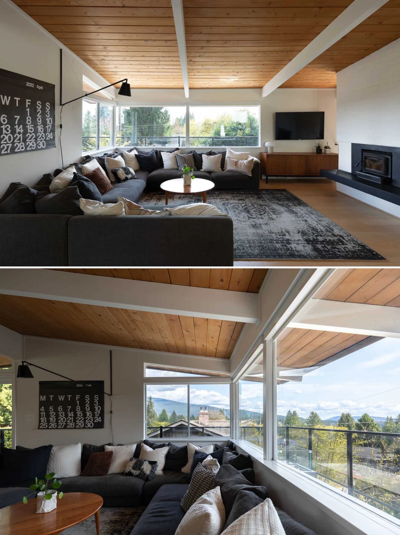Living room with white walls, a cedar ceiling and white oak floors