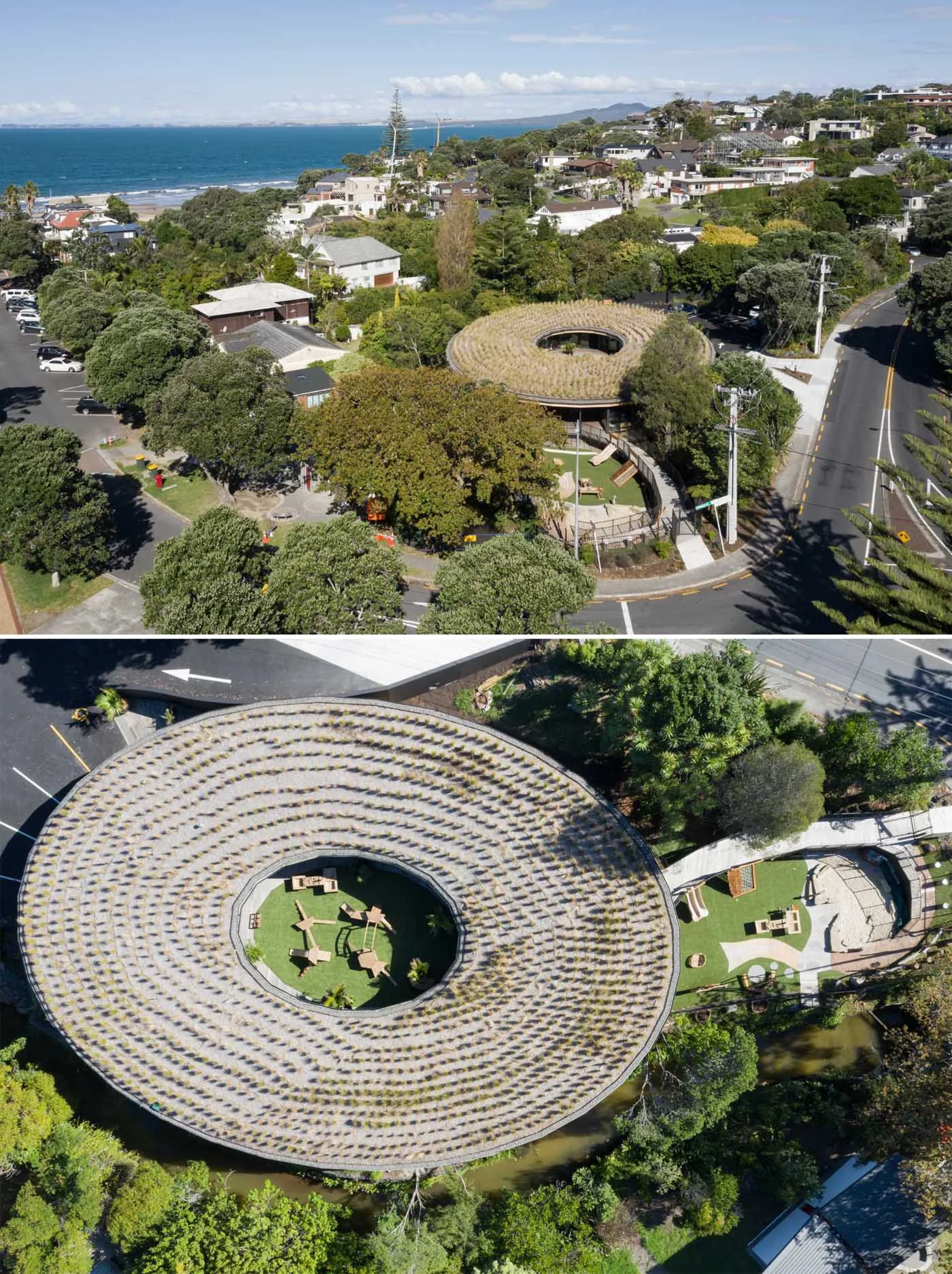 Native grasses planted across the round green roof