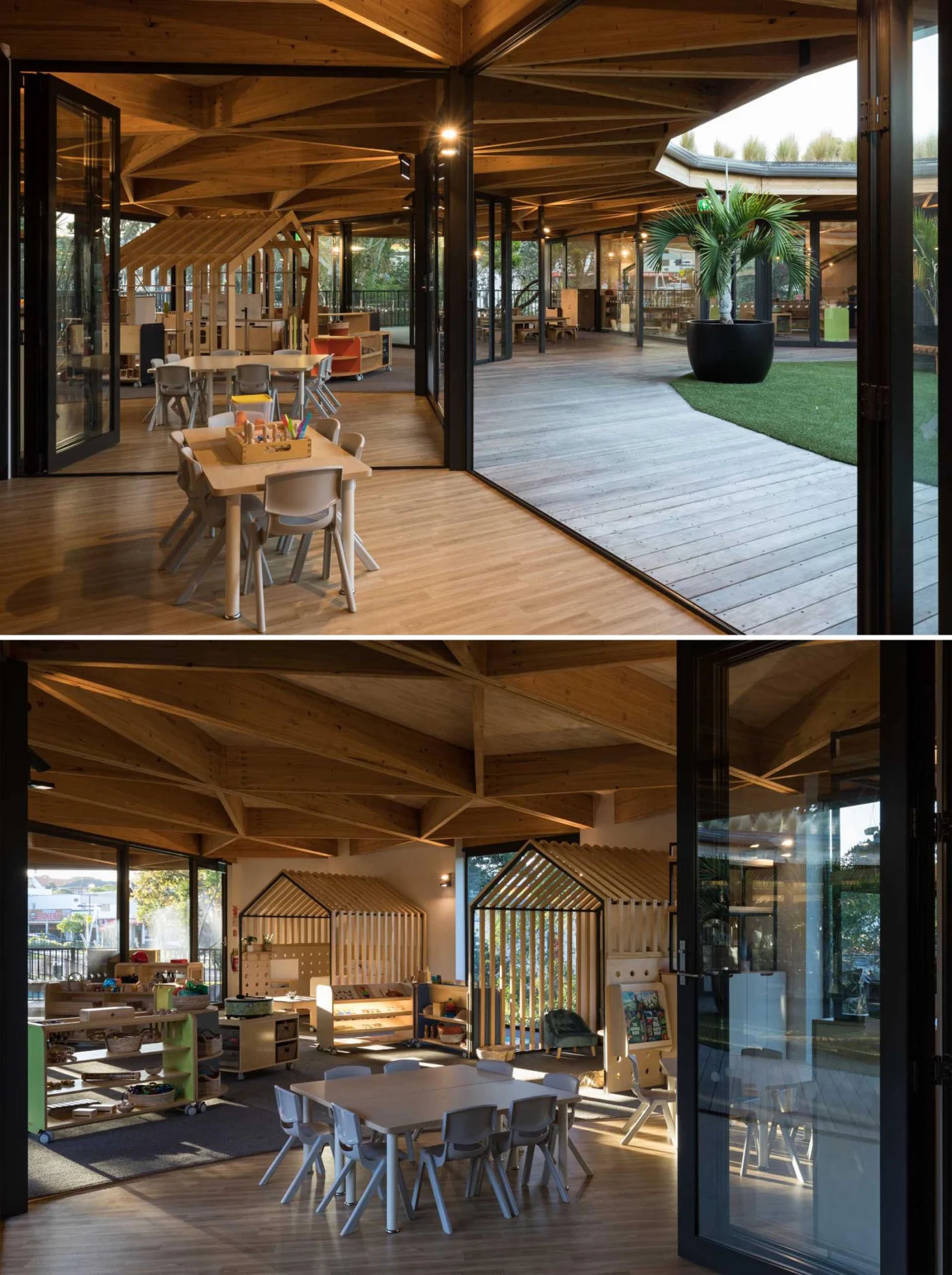 Floor-to-ceiling glass walls between the classrooms and the courtyard playground