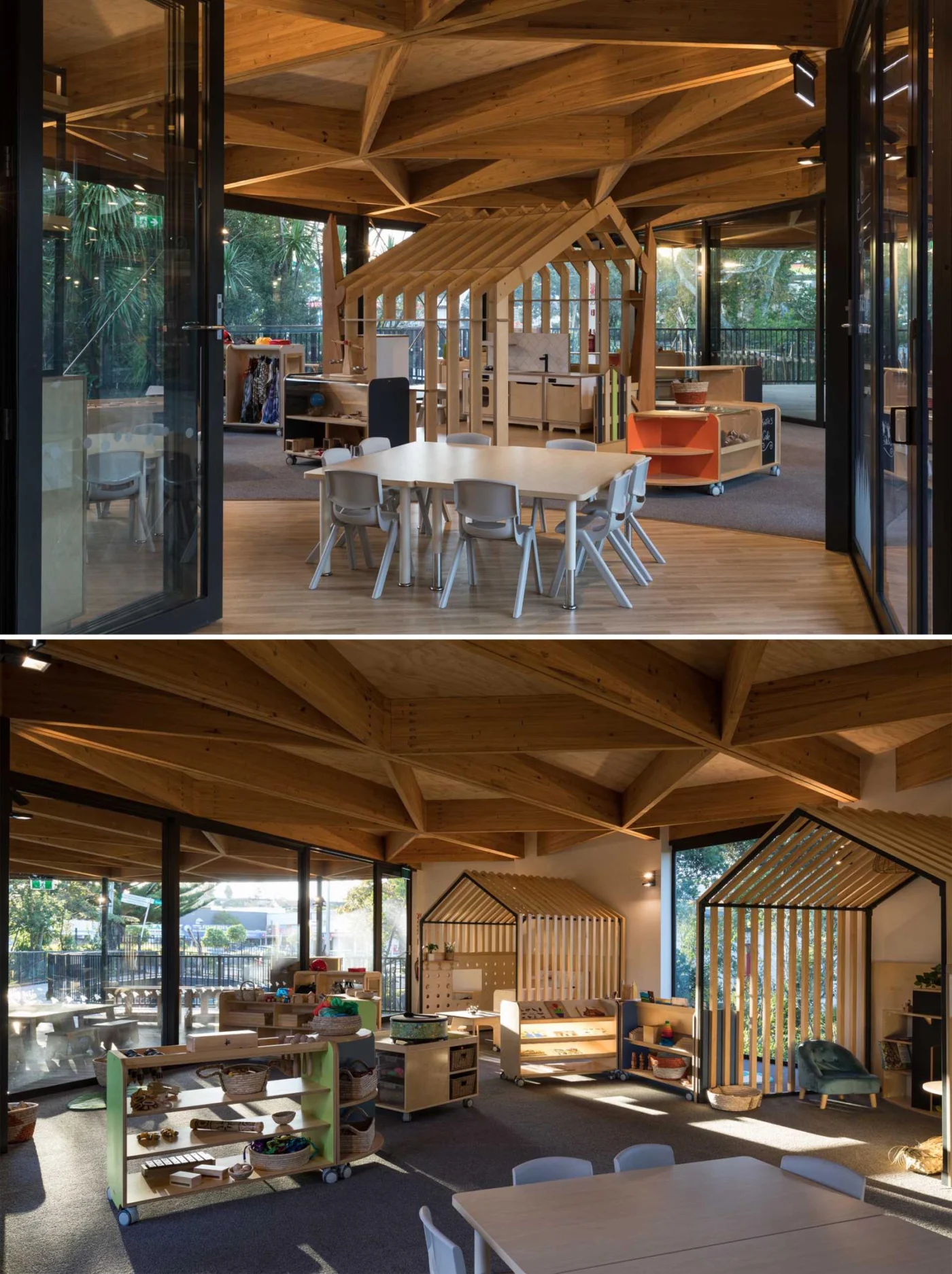 Classroom interior with full-height glazing onto the courtyard