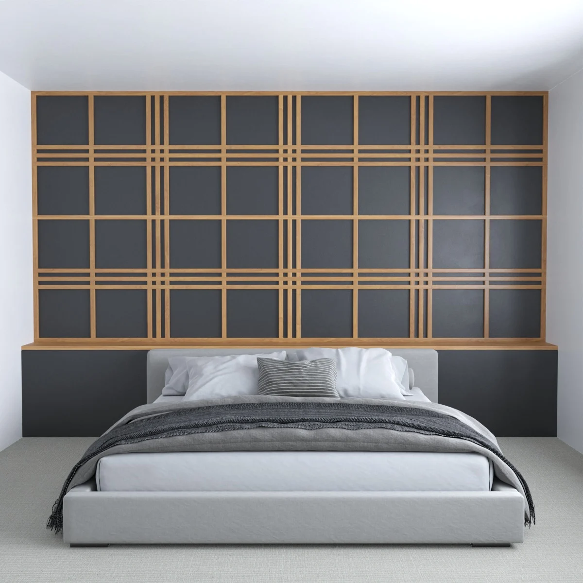 Tartan pattern made from wood lengths on a dark bedroom wall