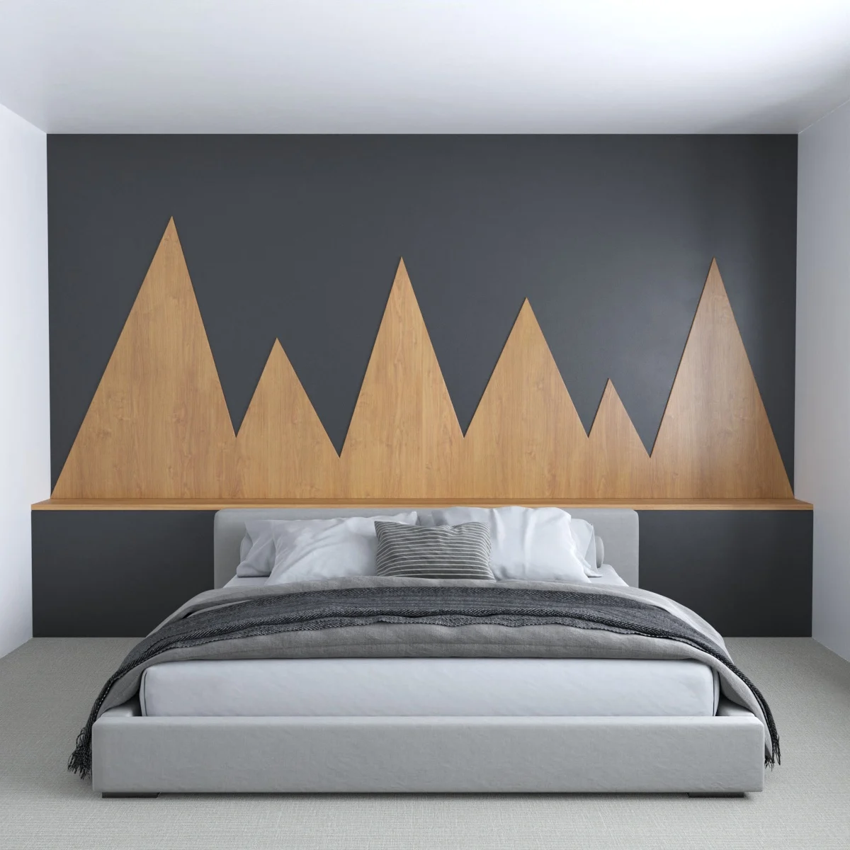 Wood strips forming mountain peaks on a black painted bedroom wall