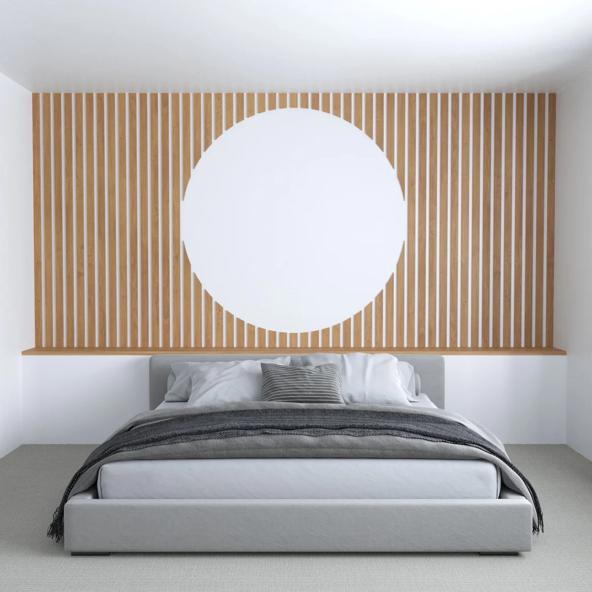 Wood slat wall with a large circle cut out of the slats