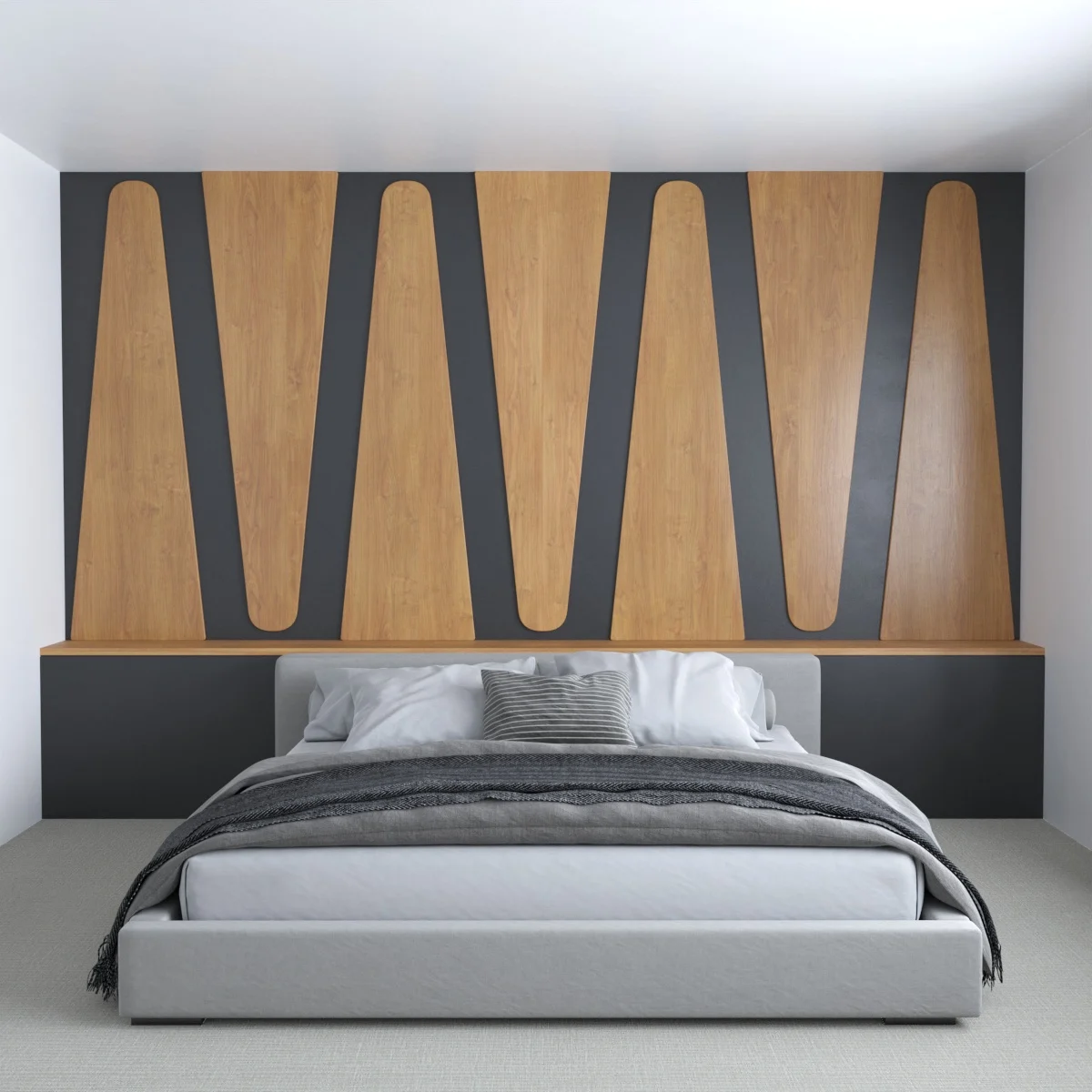 Rounded triangle wood shapes in an alternating up and down pattern