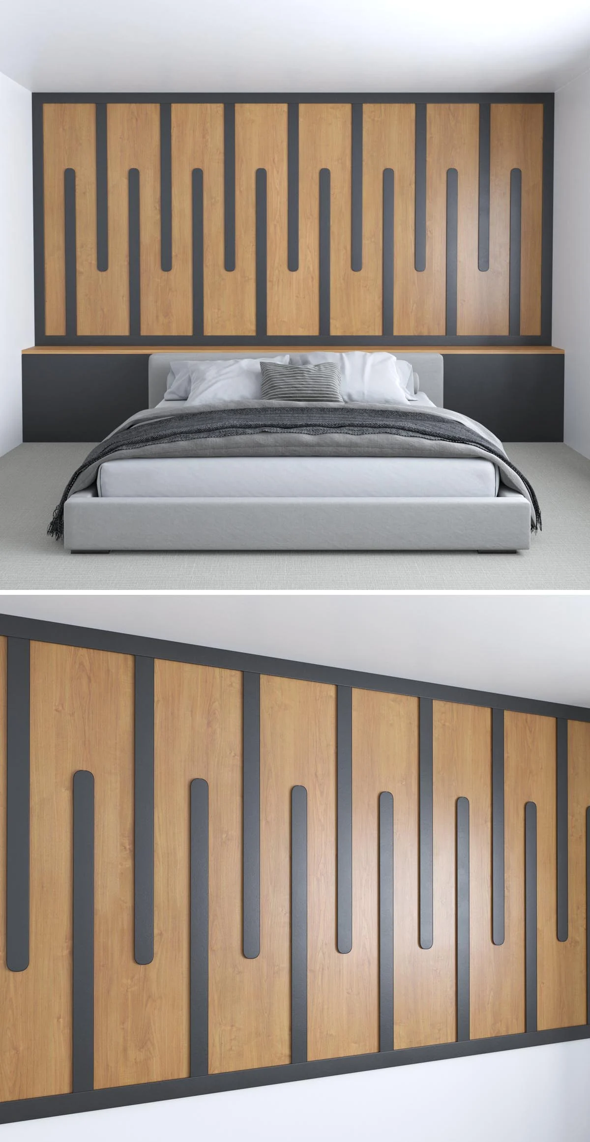 Black painted wood zipper motif over a wood veneer wall