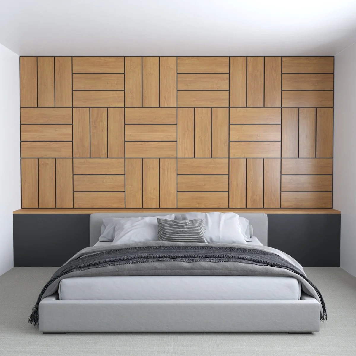 Parquet-inspired wall with wood lengths set vertically and horizontally