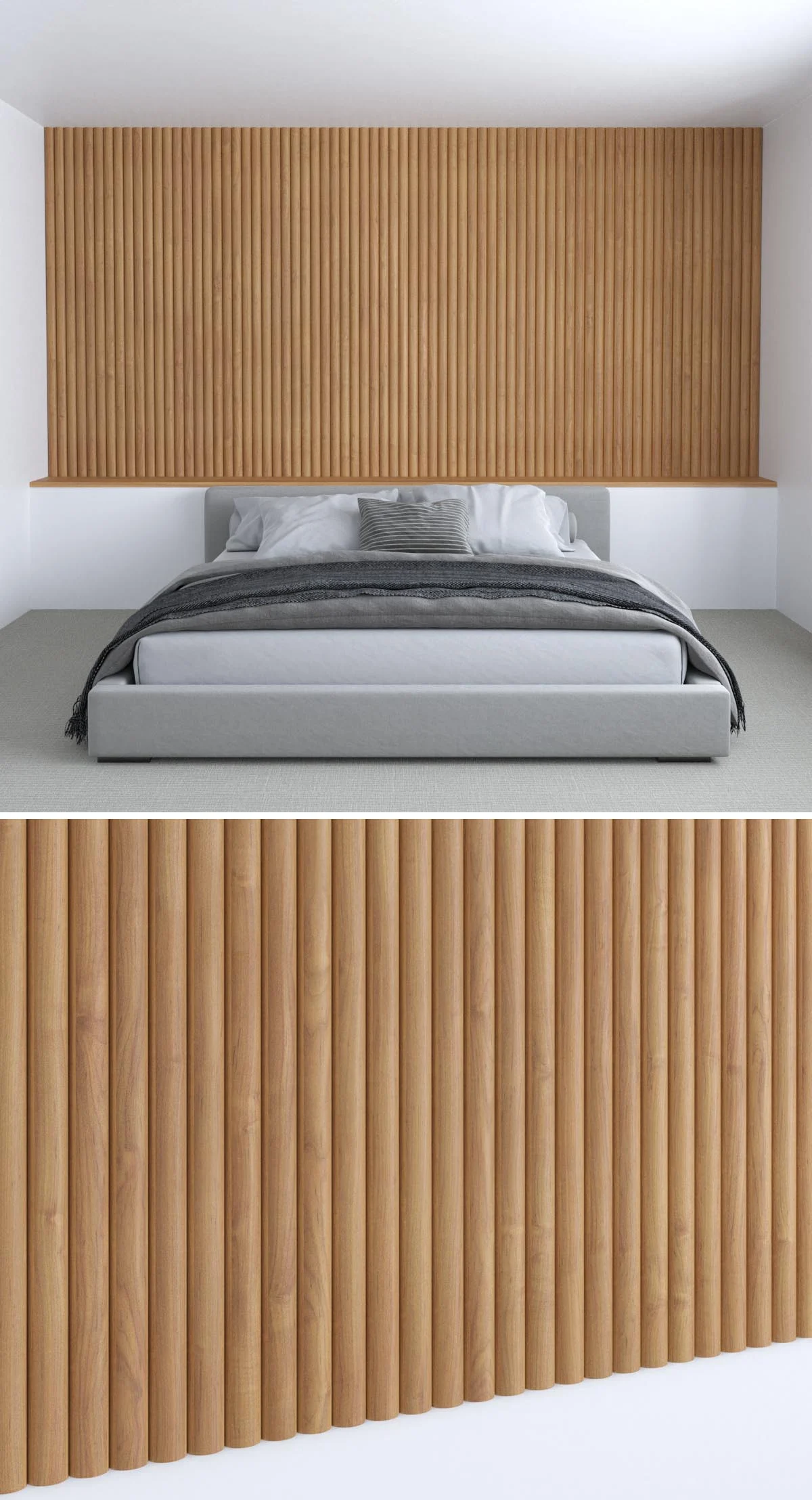 Half-round wood dowels glued side by side to form a textured wall