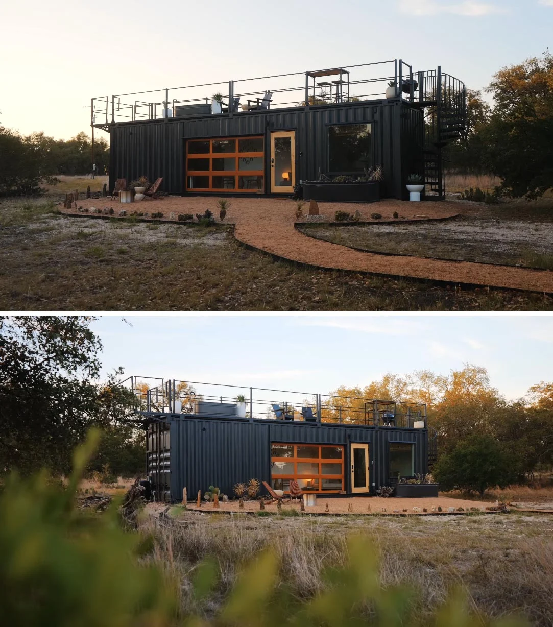 Matte black 40-foot shipping container home with wood garage door and front door