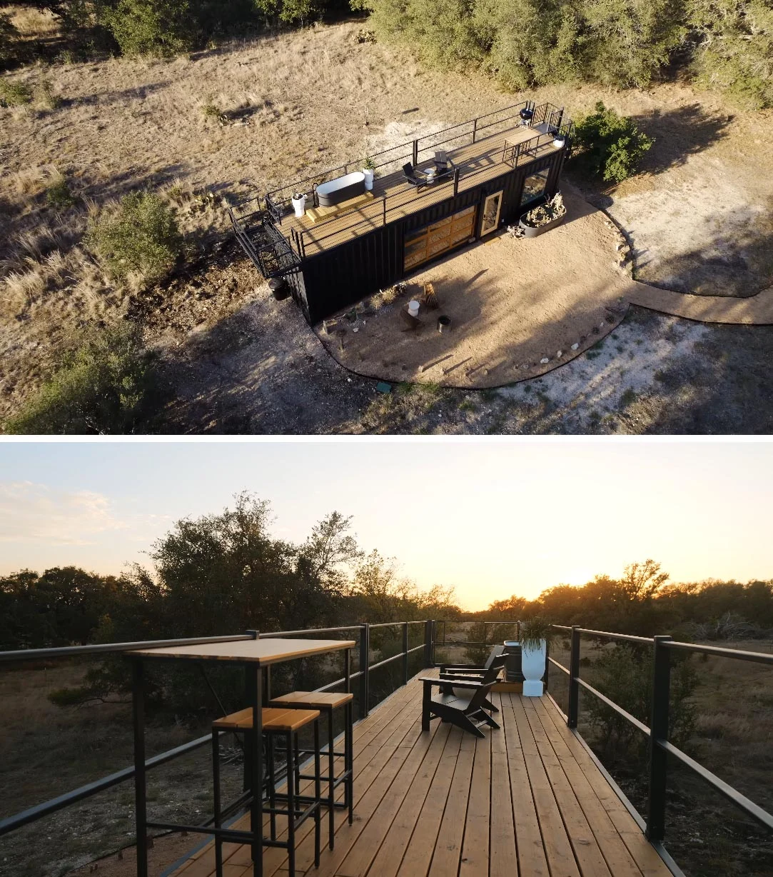Rooftop deck with dining space, lounge, outdoor bathtub and net hammock