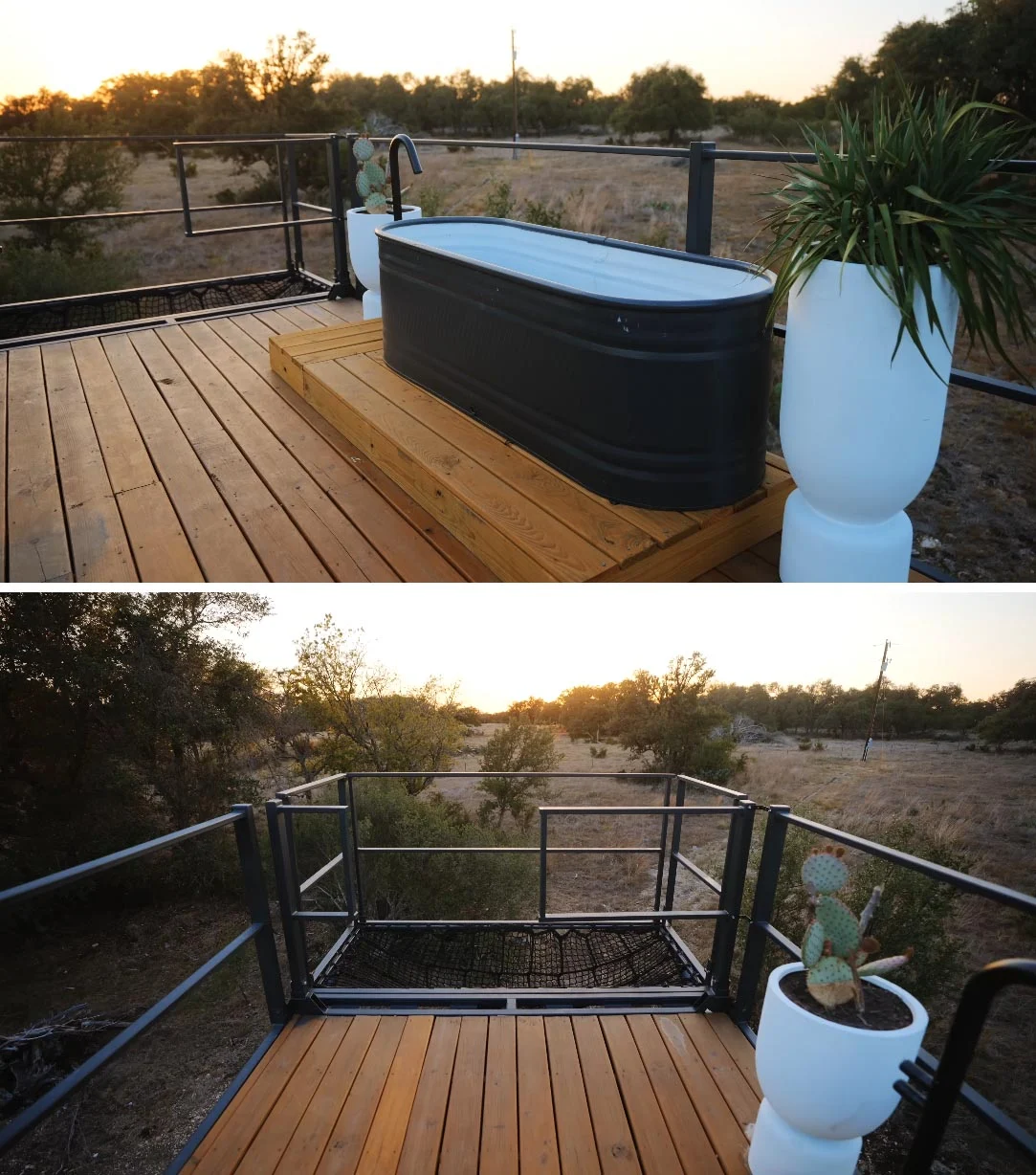 Outdoor bathtub and net hammock hanging off the end of the container roof