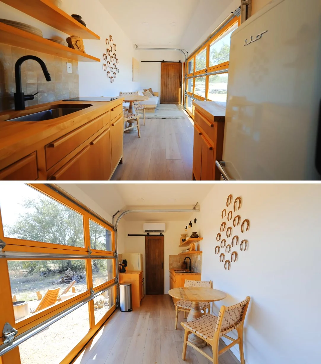 Open-plan living room, dining area and kitchen with custom wood cabinets and butcher block counter