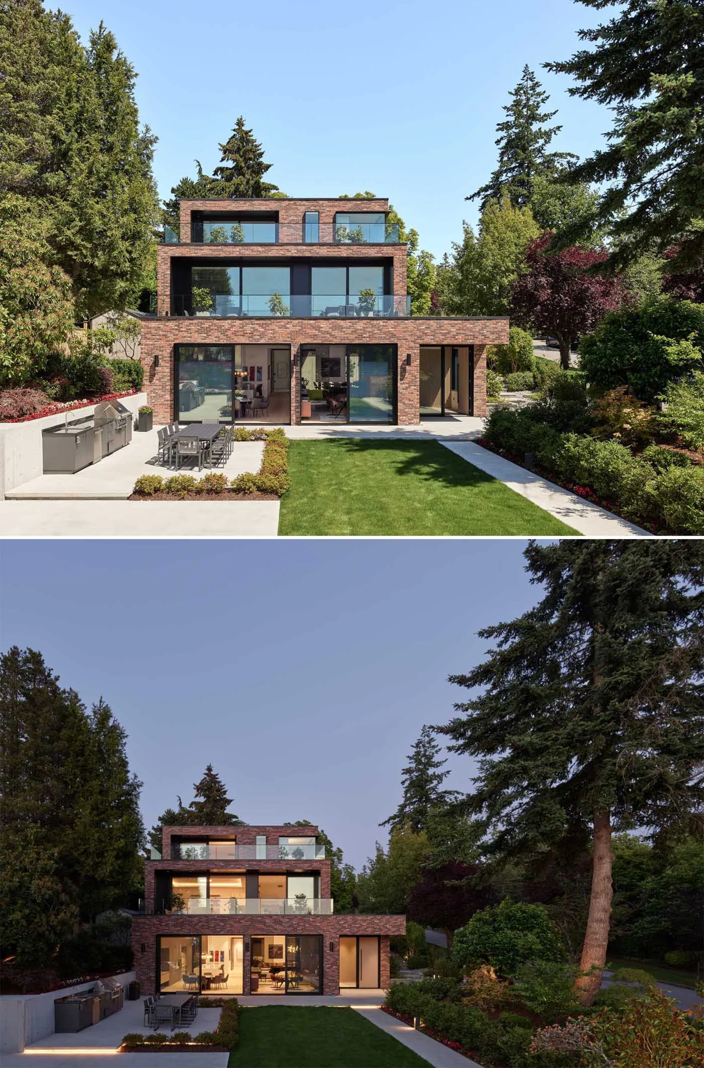 Stepped terraces with glass railings and black-framed windows