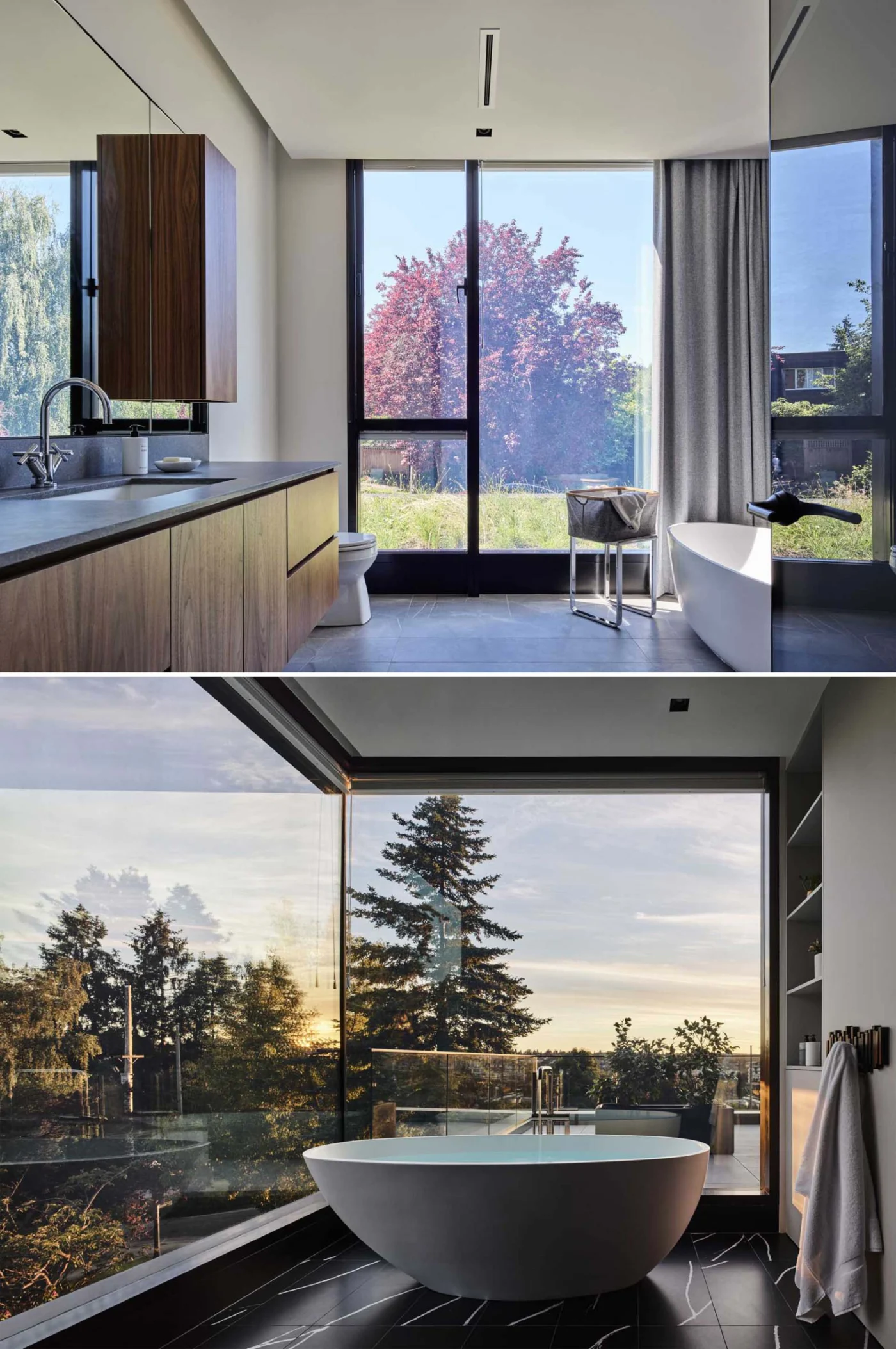 Bathroom with floor-to-ceiling windows and a freestanding bathtub