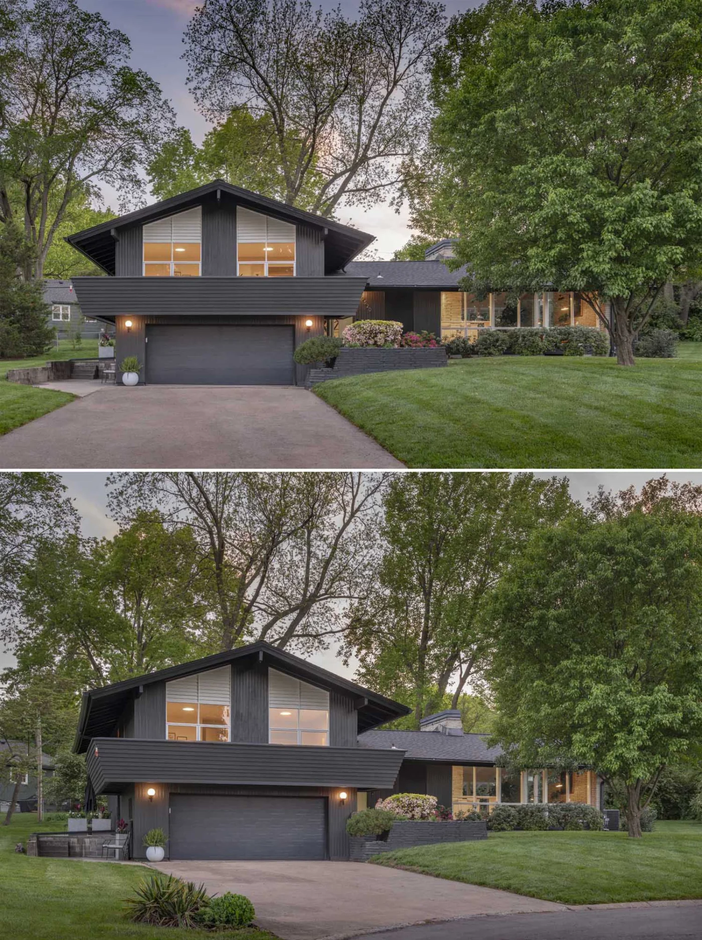 Remodelled 1954 house with a dark exterior set among greenery