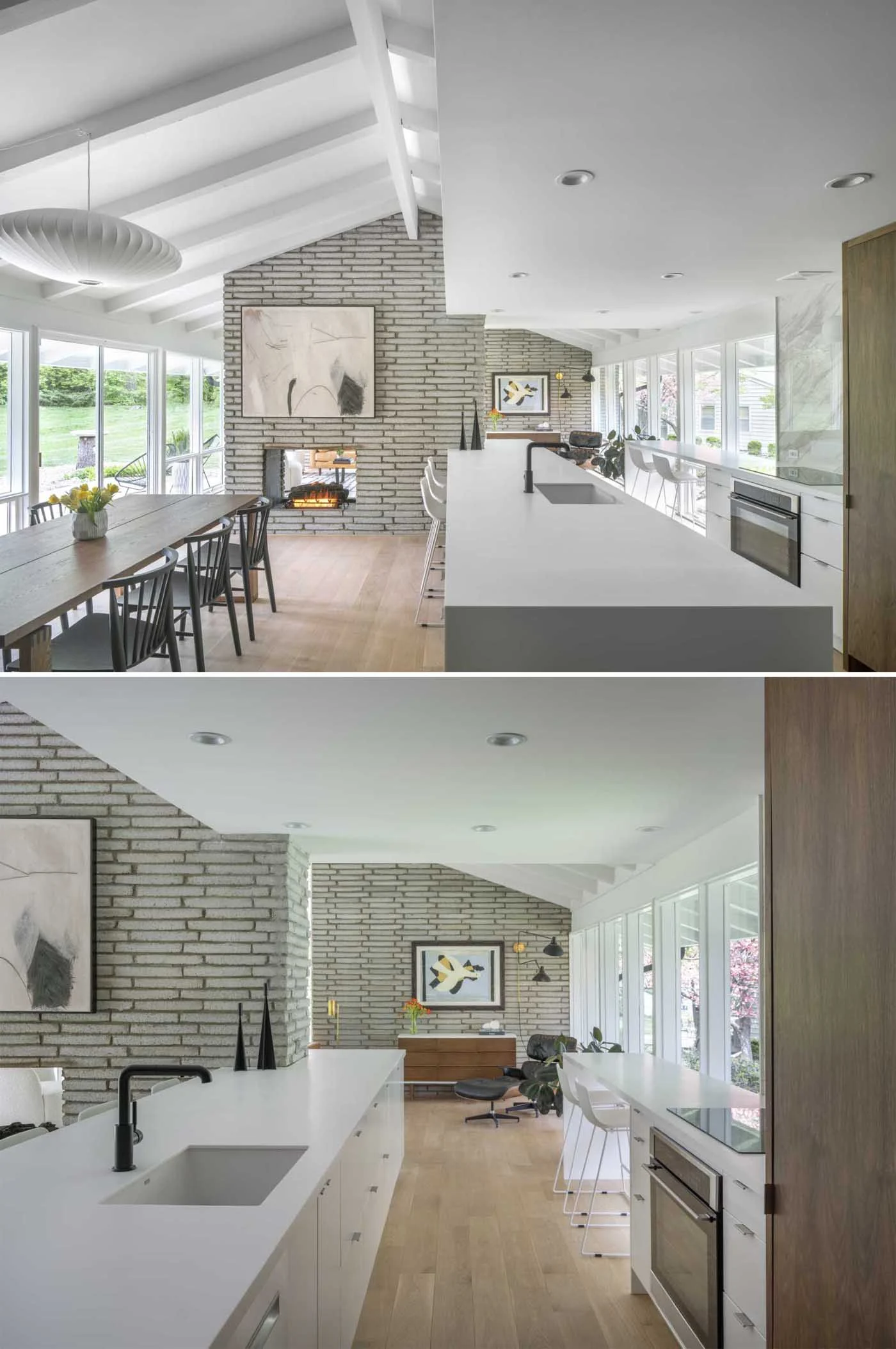 Kitchen bar seating by the window and a countertop wrapping around the fireplace