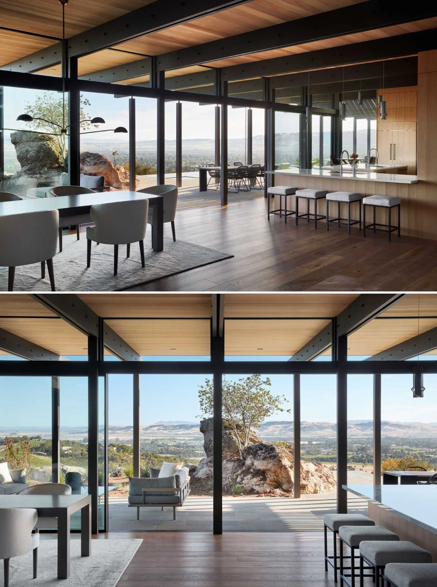 Open-plan dining area under exposed posts and beams