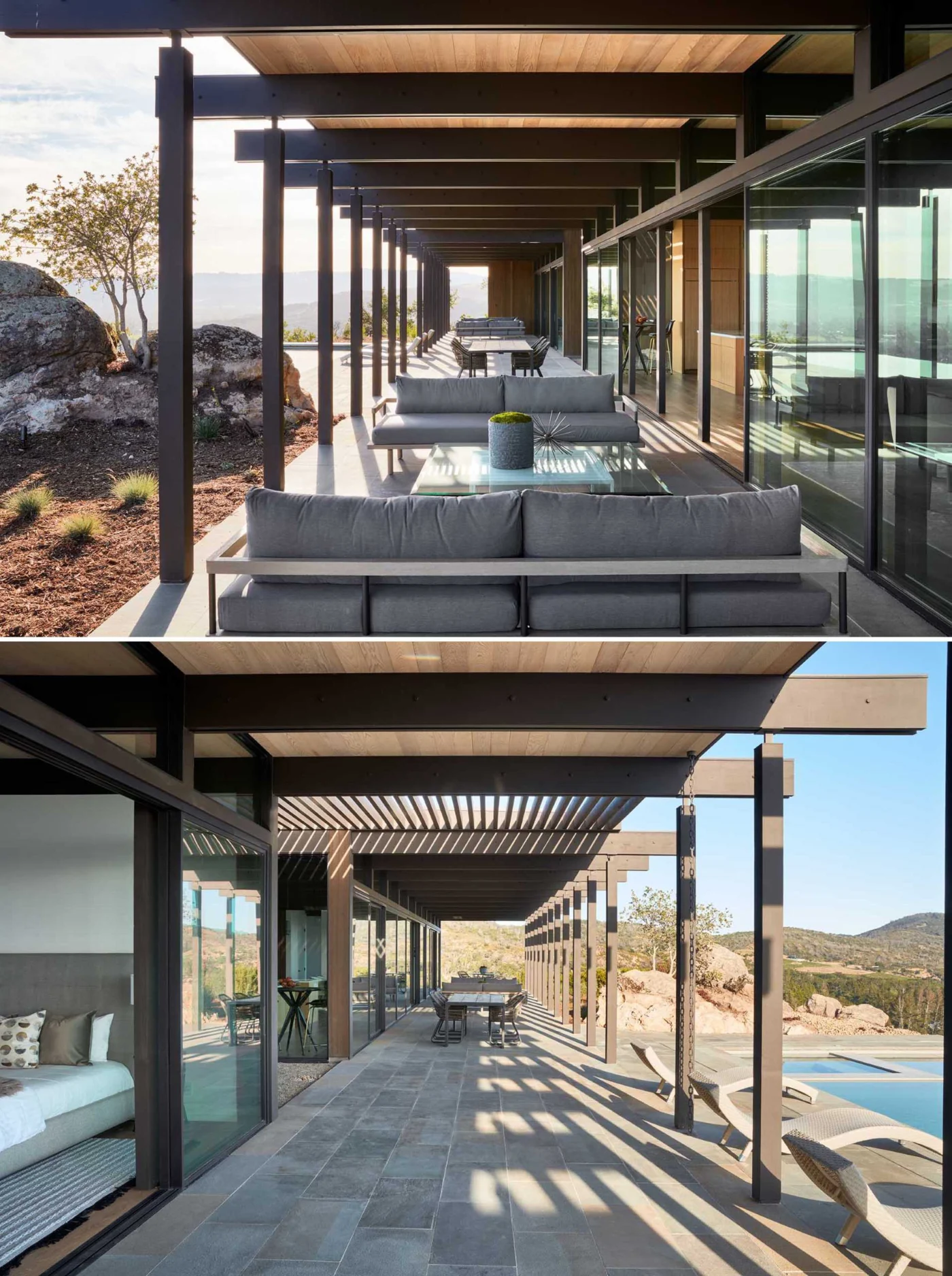 Long covered patio with several seating areas and an outdoor dining area