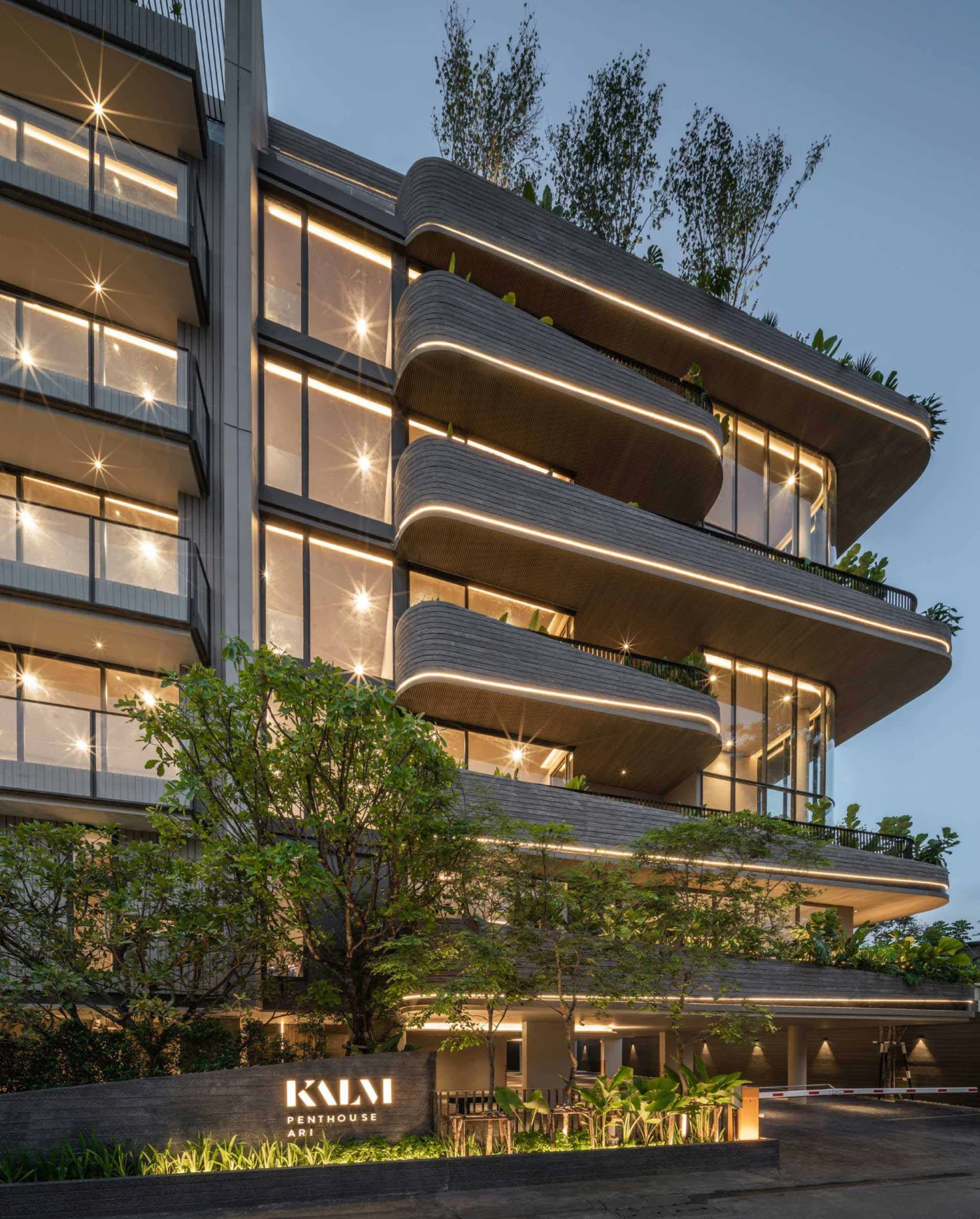 Lighting lines on balconies and apartment ceilings seen through large windows