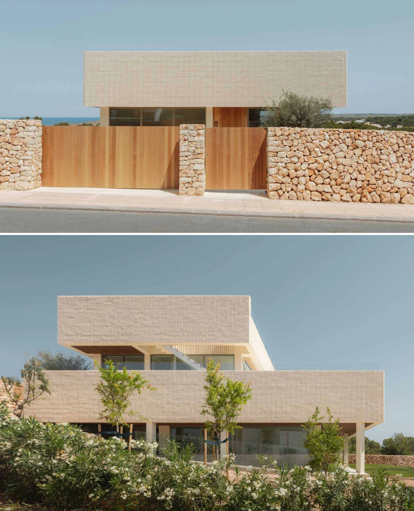 Horizontal bands of fluted concrete and glass on the villa facade
