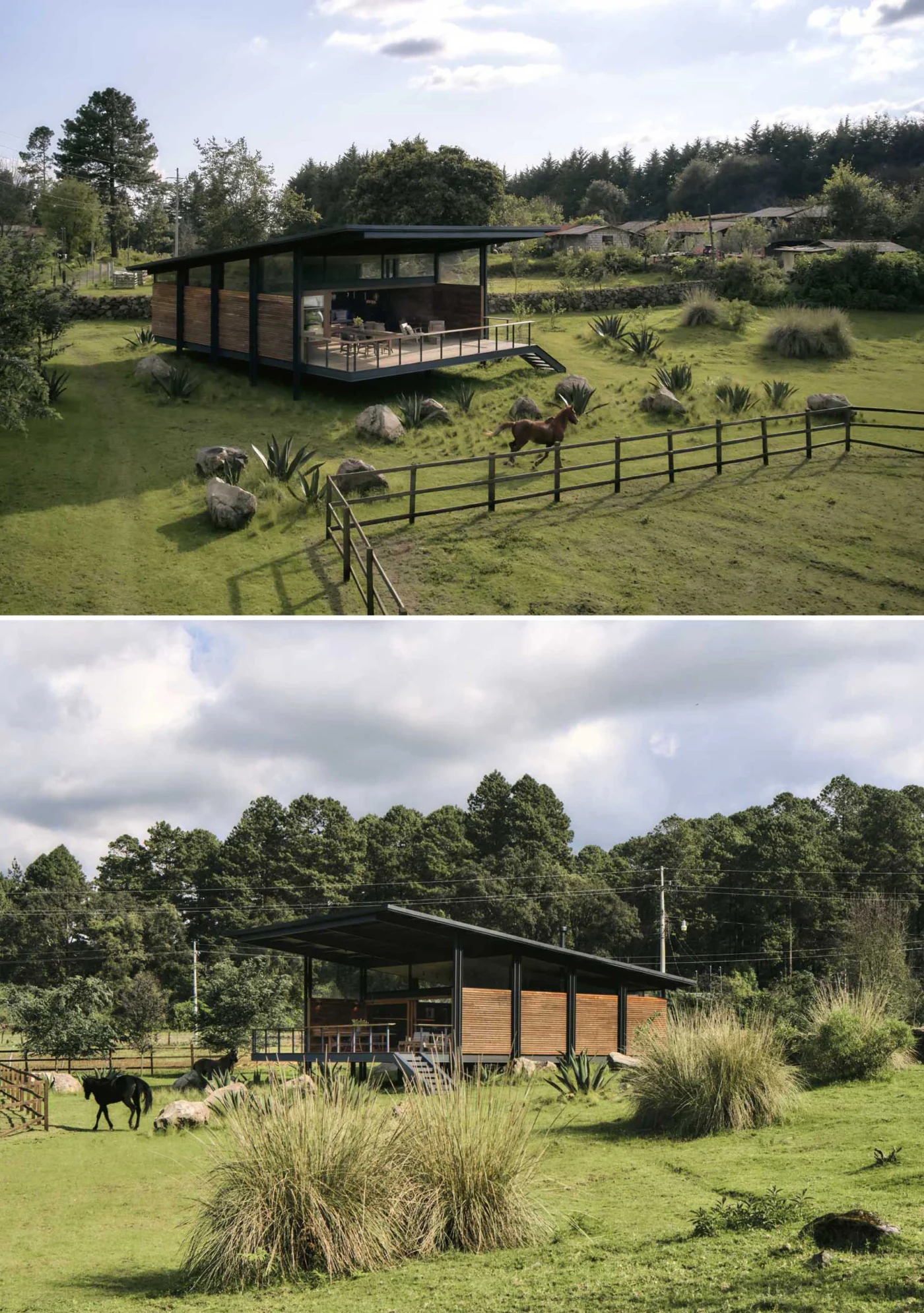 The house on its metal platform seen across the grassy site