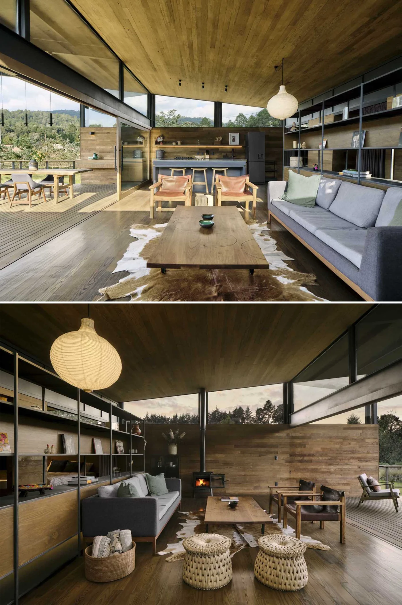 Living room and kitchen with a long storage unit along the wall