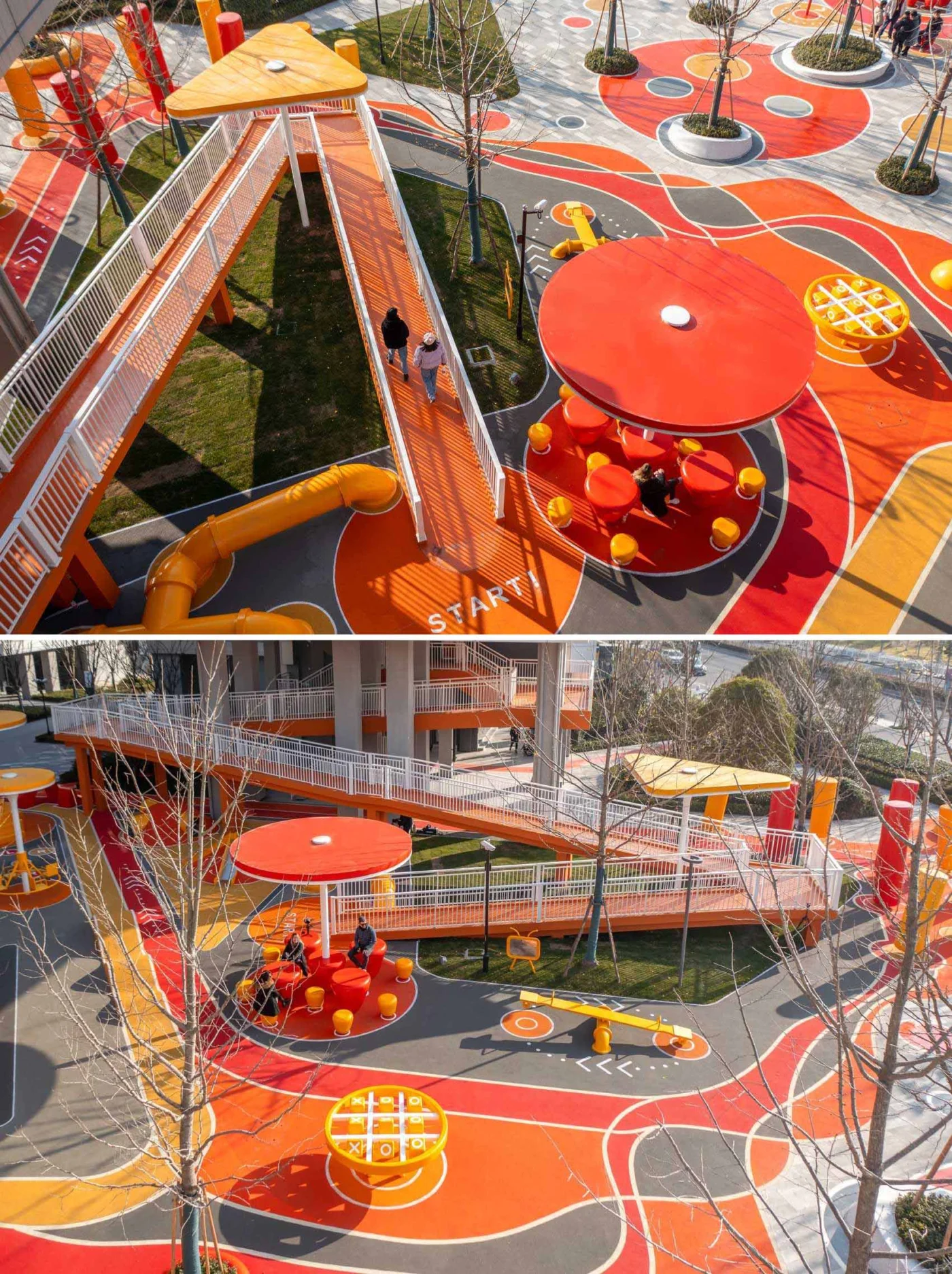 Seesaw and merry-go-round under a round shade canopy
