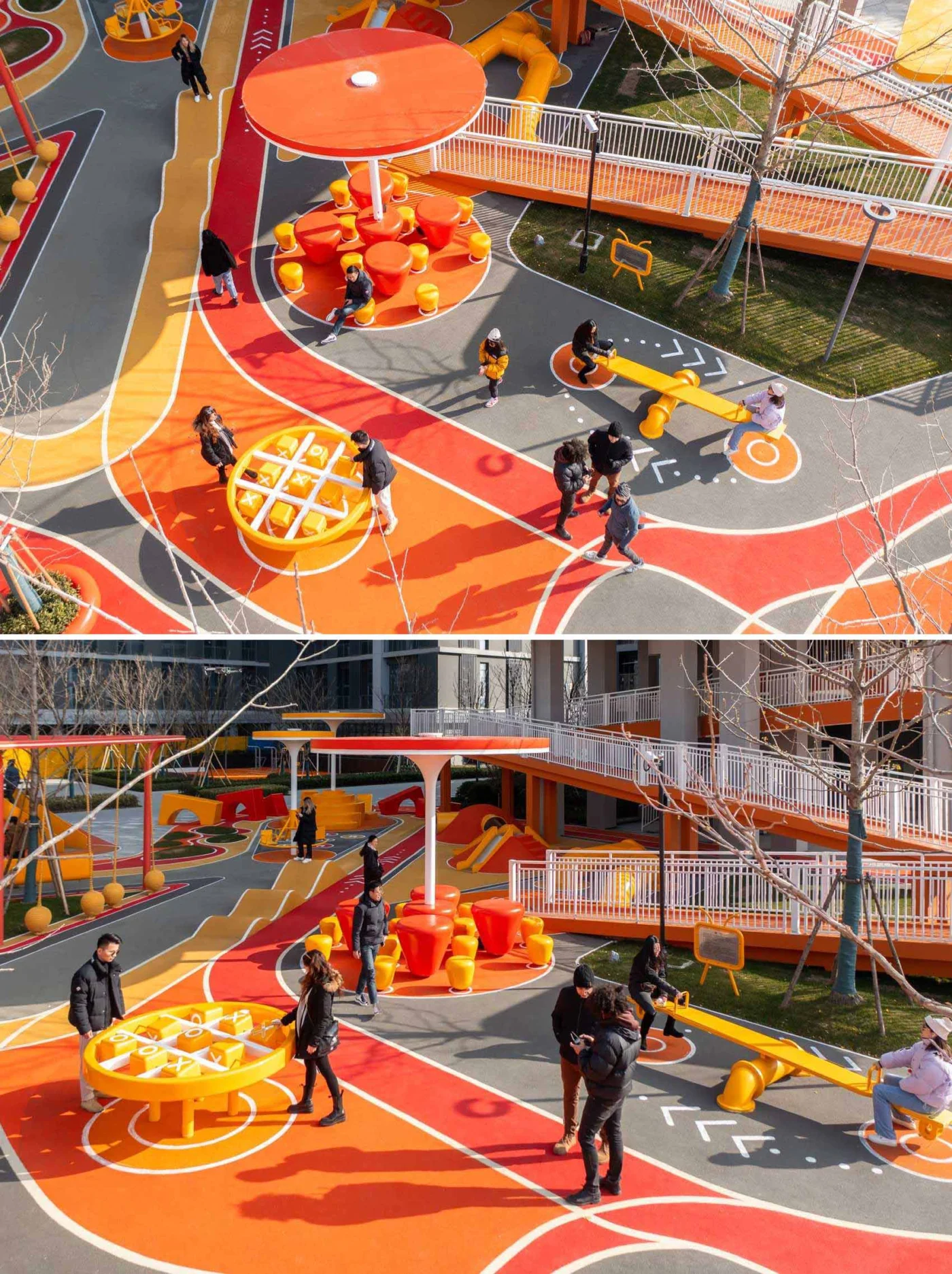 Tic-tac-toe and seesaw area used by children and adults