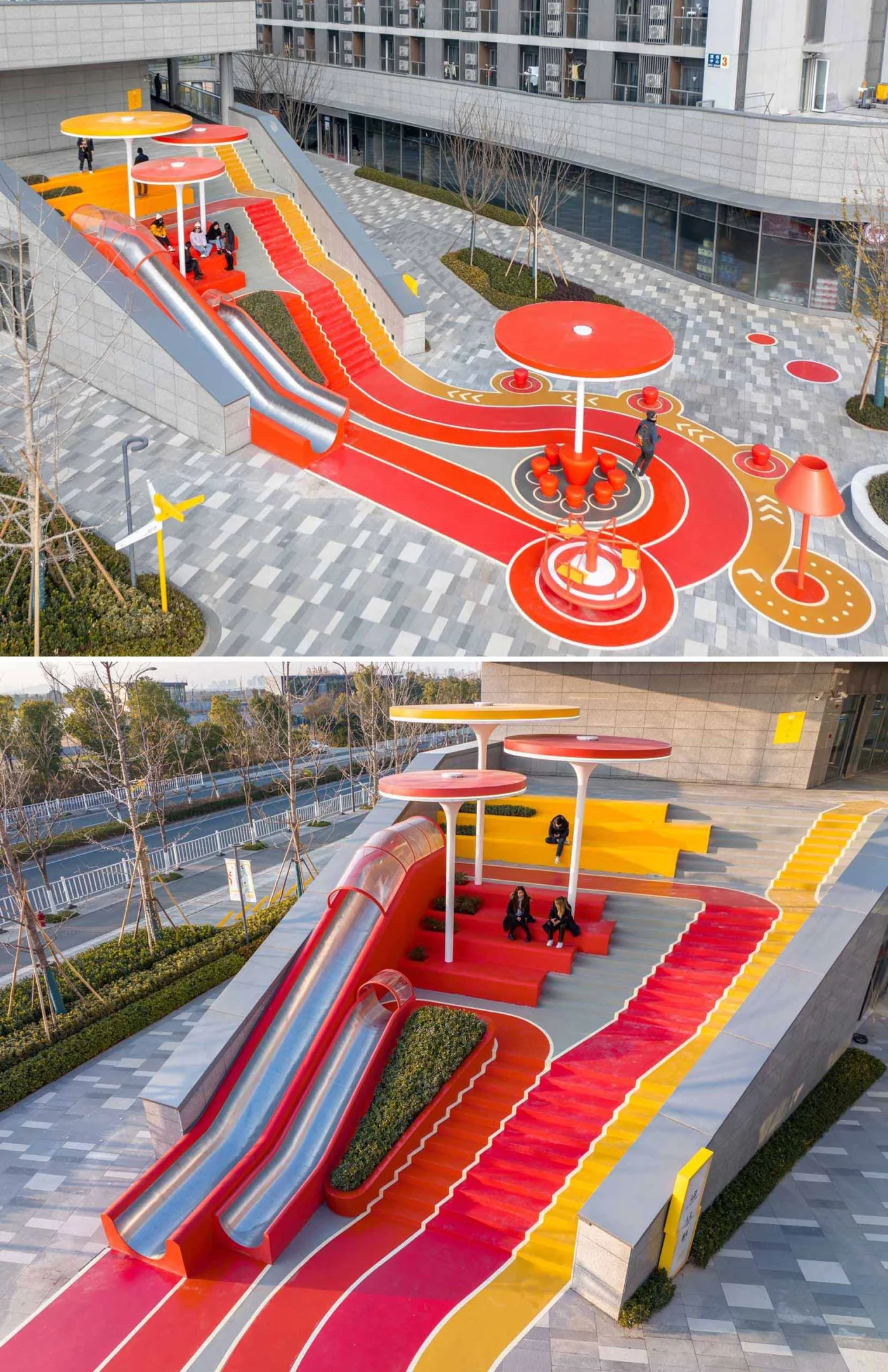 Pair of slides running down from a raised platform