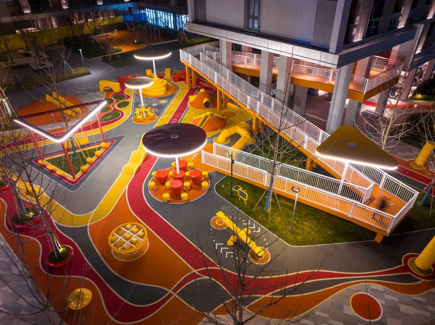 The park at dusk with its built-in lighting switched on