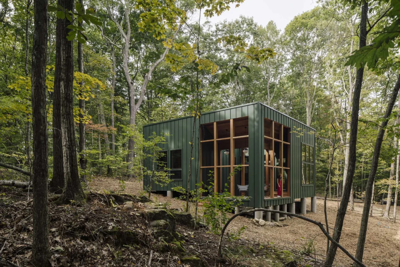 A Green Exterior Helps This Cabin Blend Into the Forest