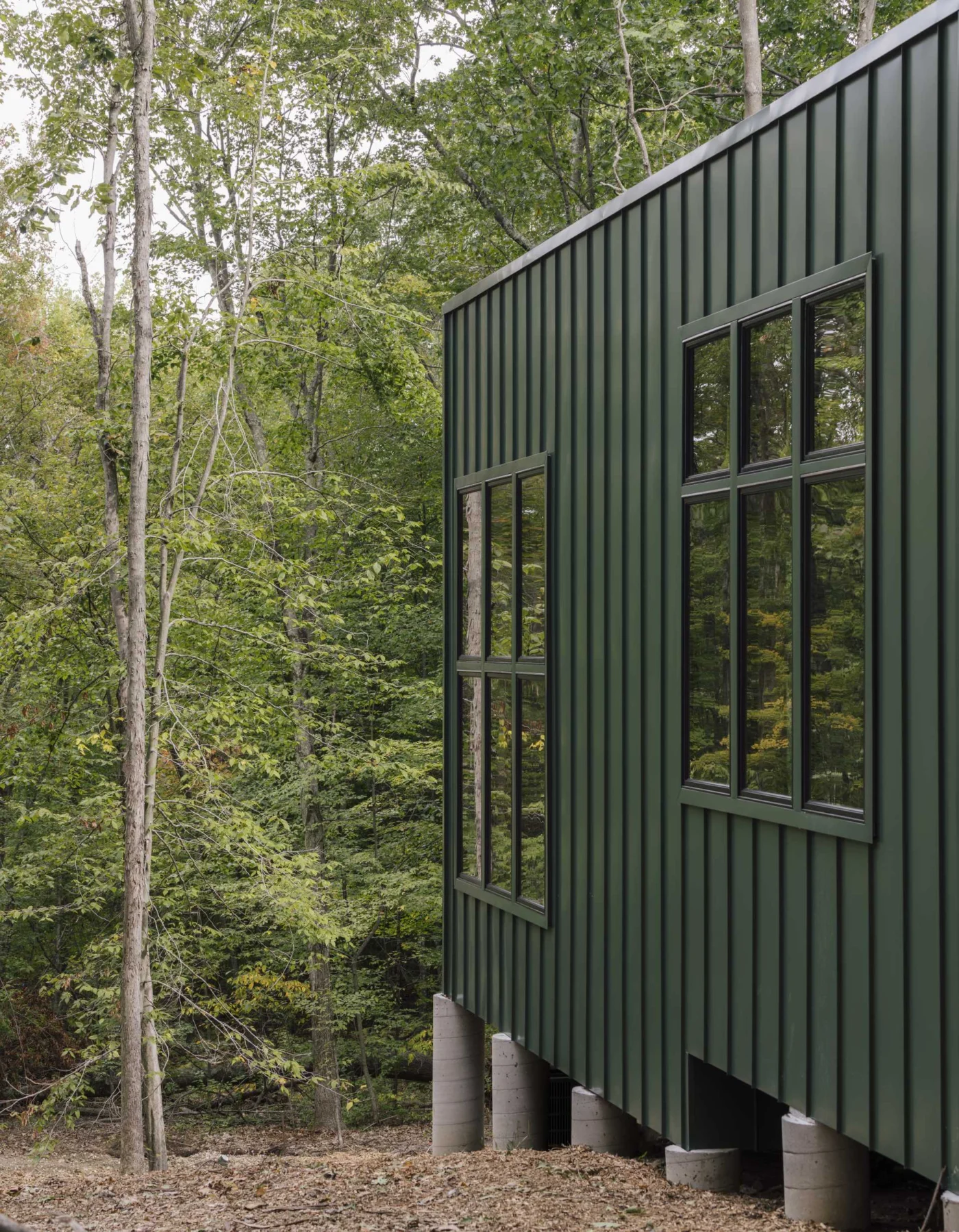 Green metal cladding and tall black windows on the cabin raised on piers