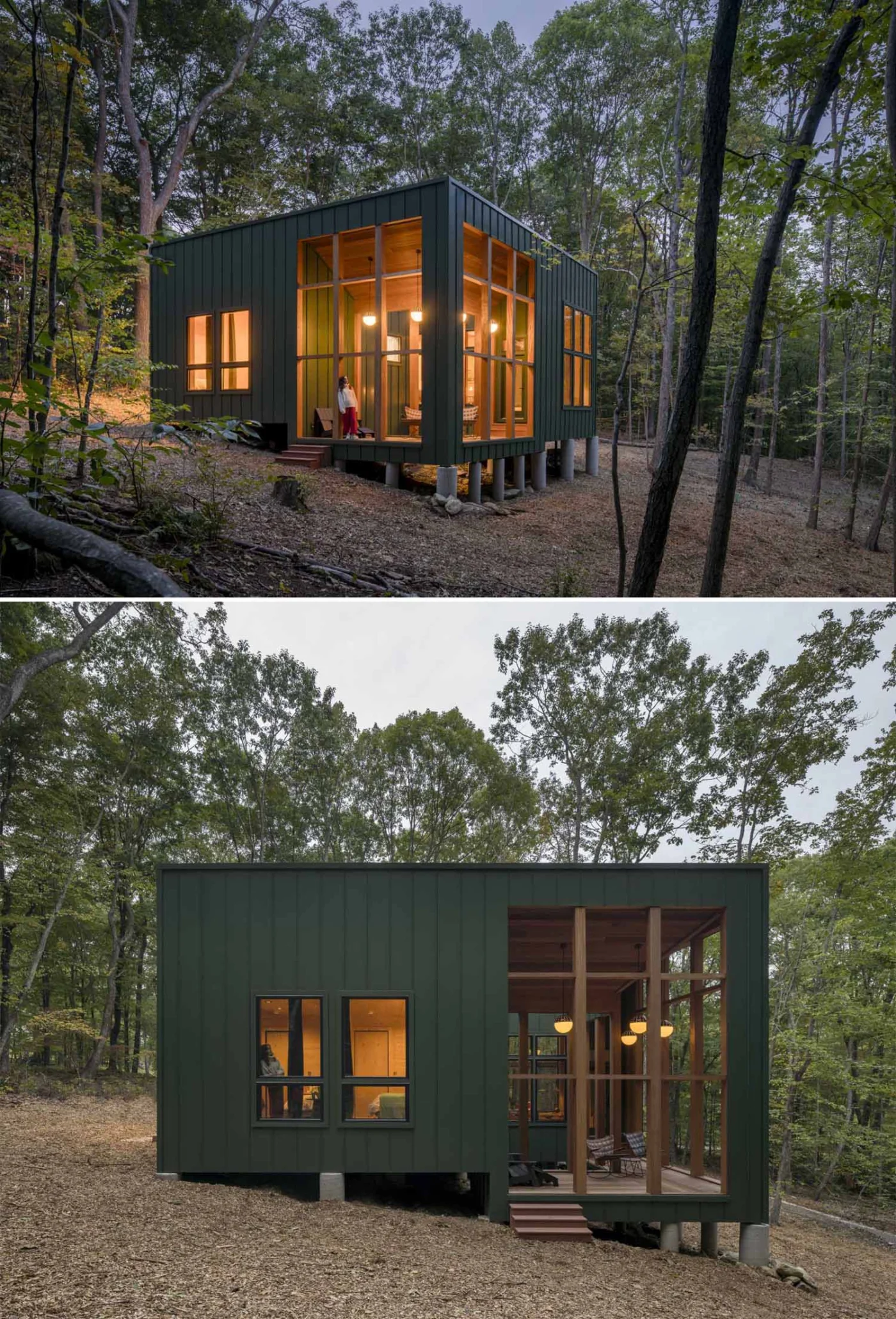 Cabin glowing at dusk in the forest