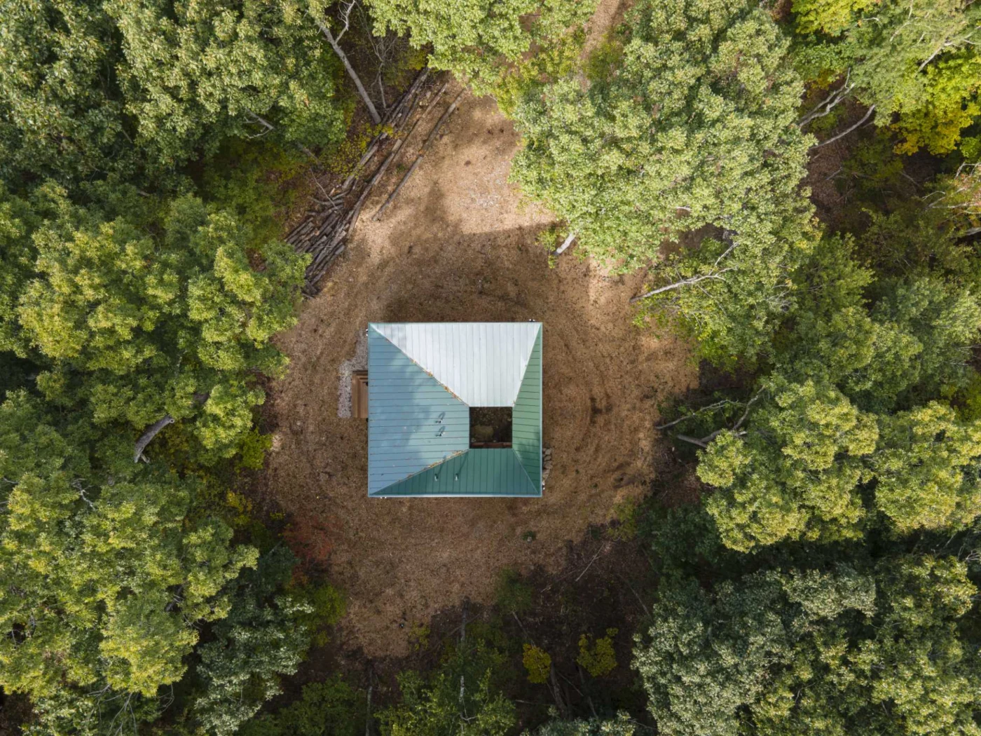 Aerial view of the cabin roof shaped to collect rainwater