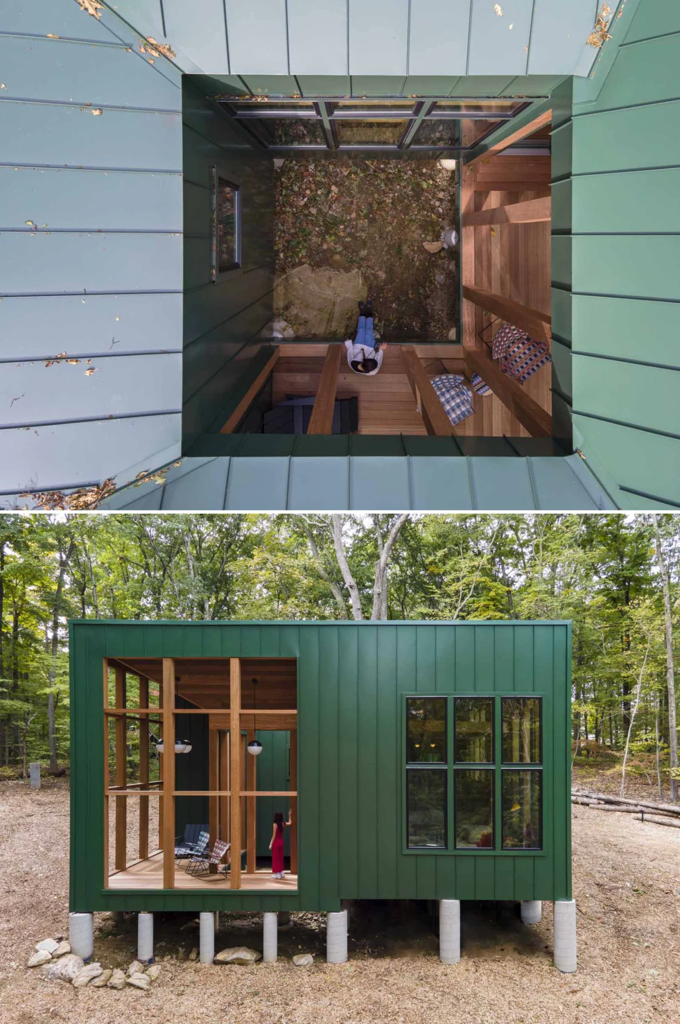 Open courtyard cut into the cabin seen from above and from the forest