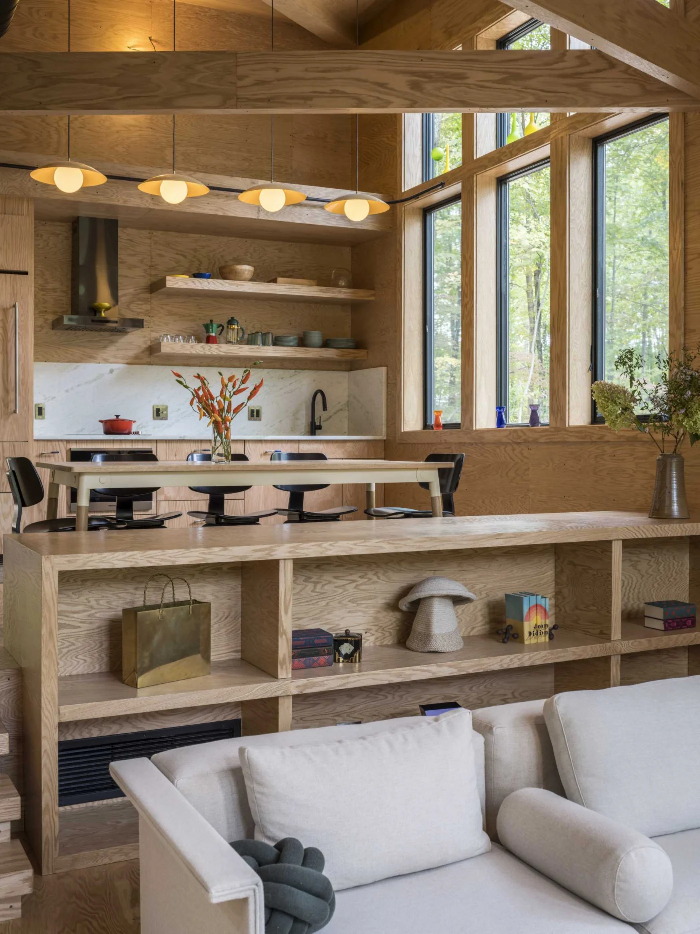 Kitchen, dining area and living room sharing one open space