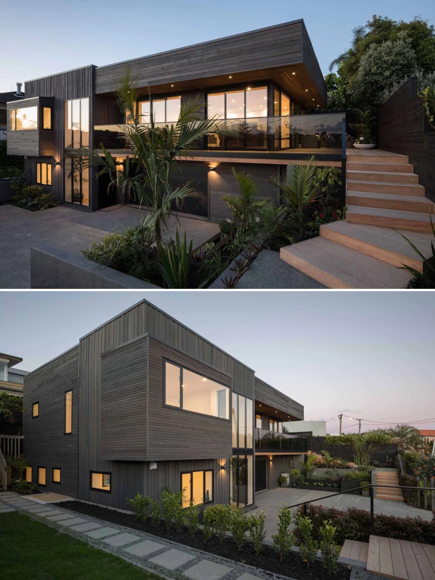 Renovated house at dusk with garden stairs and dark wood cladding
