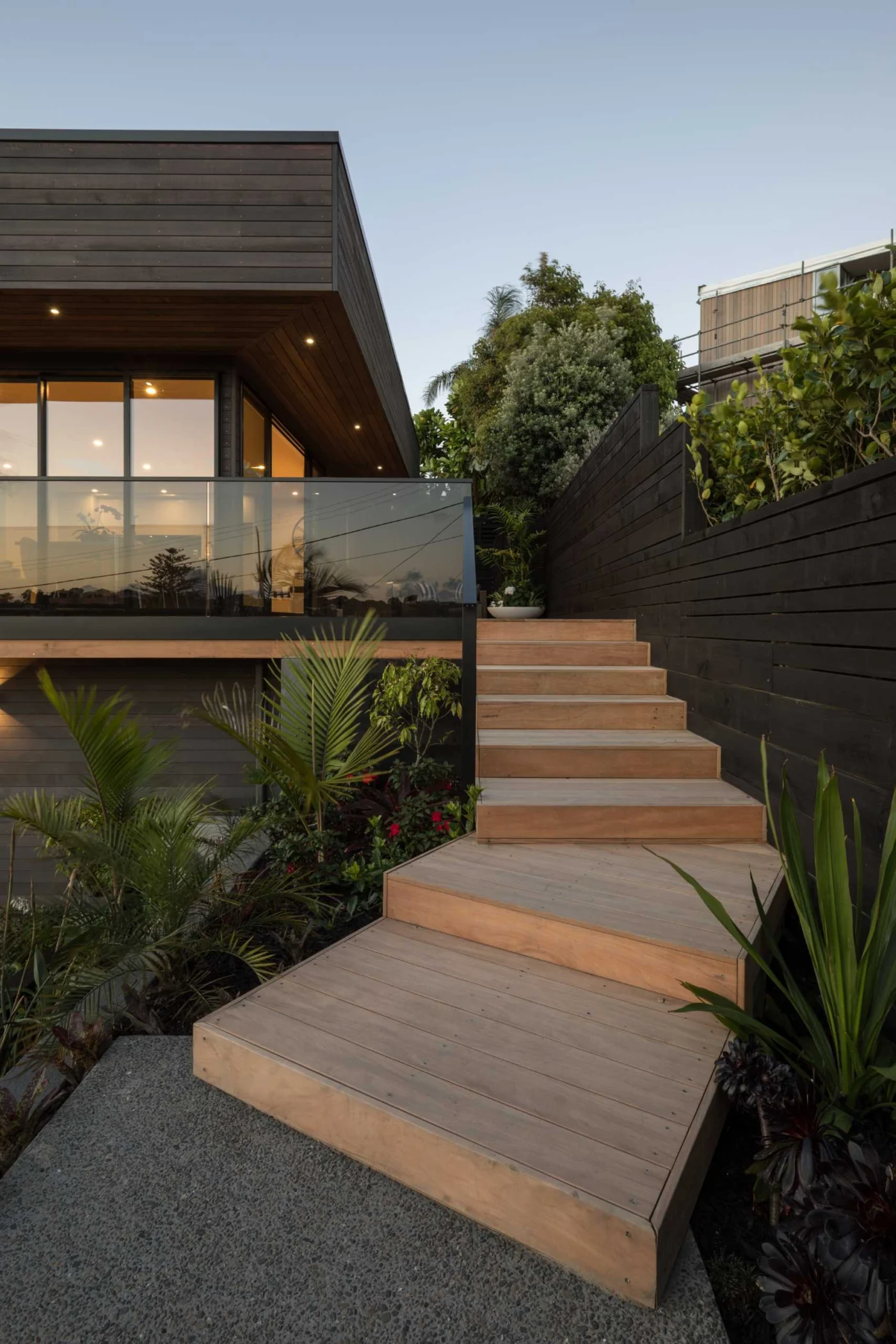 Wood stairs leading through the garden