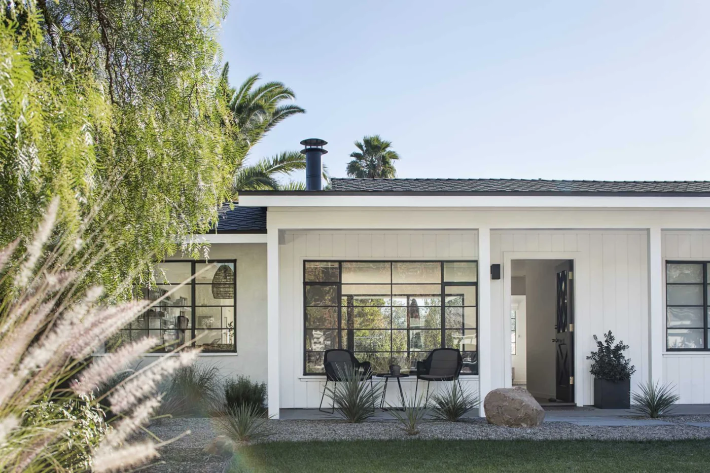 Refurbished steel windows on the front of the ranch house